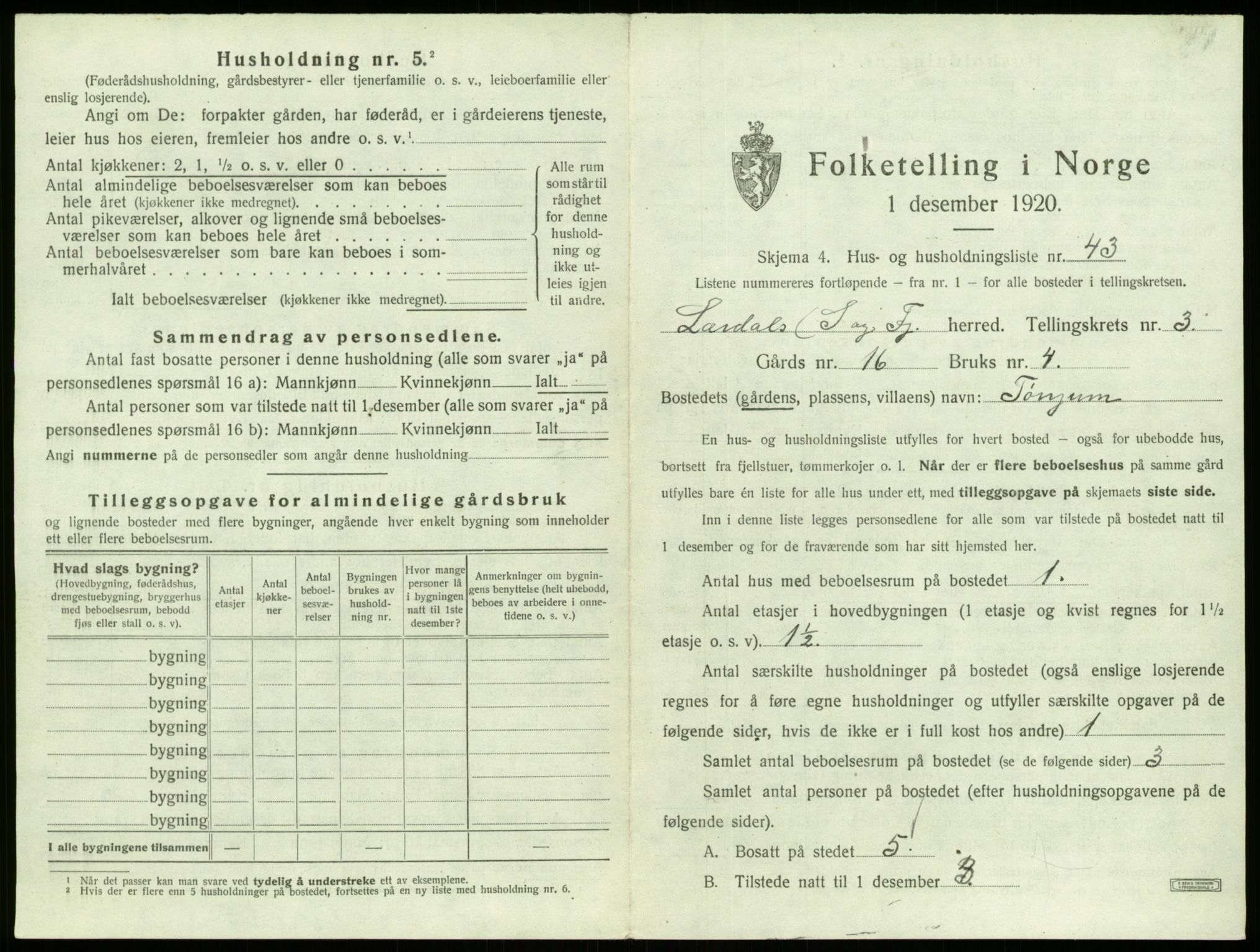 SAB, 1920 census for Lærdal, 1920, p. 301