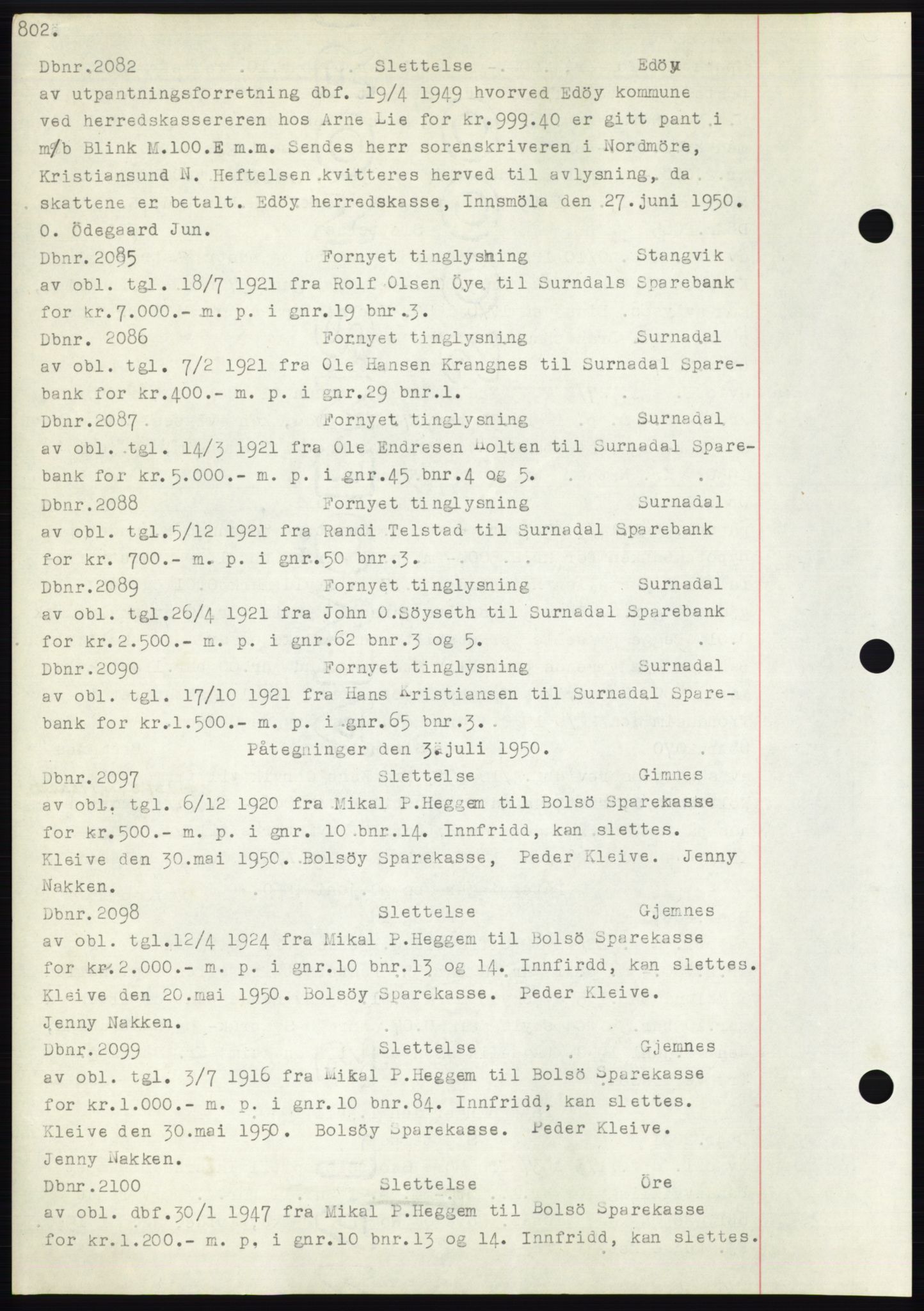 Nordmøre sorenskriveri, SAT/A-4132/1/2/2Ca: Mortgage book no. C82b, 1946-1951, Diary no: : 2082/1950