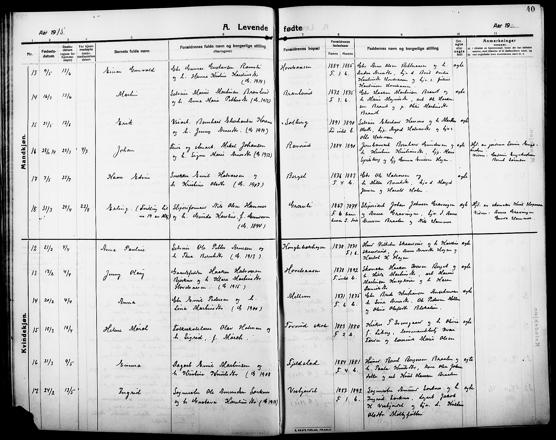 Åsnes prestekontor, AV/SAH-PREST-042/H/Ha/Hab/L0007: Parish register (copy) no. 7, 1909-1926, p. 40