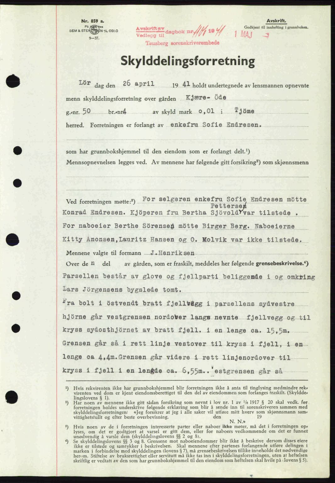 Tønsberg sorenskriveri, AV/SAKO-A-130/G/Ga/Gaa/L0010: Mortgage book no. A10, 1941-1941, Diary no: : 1106/1941