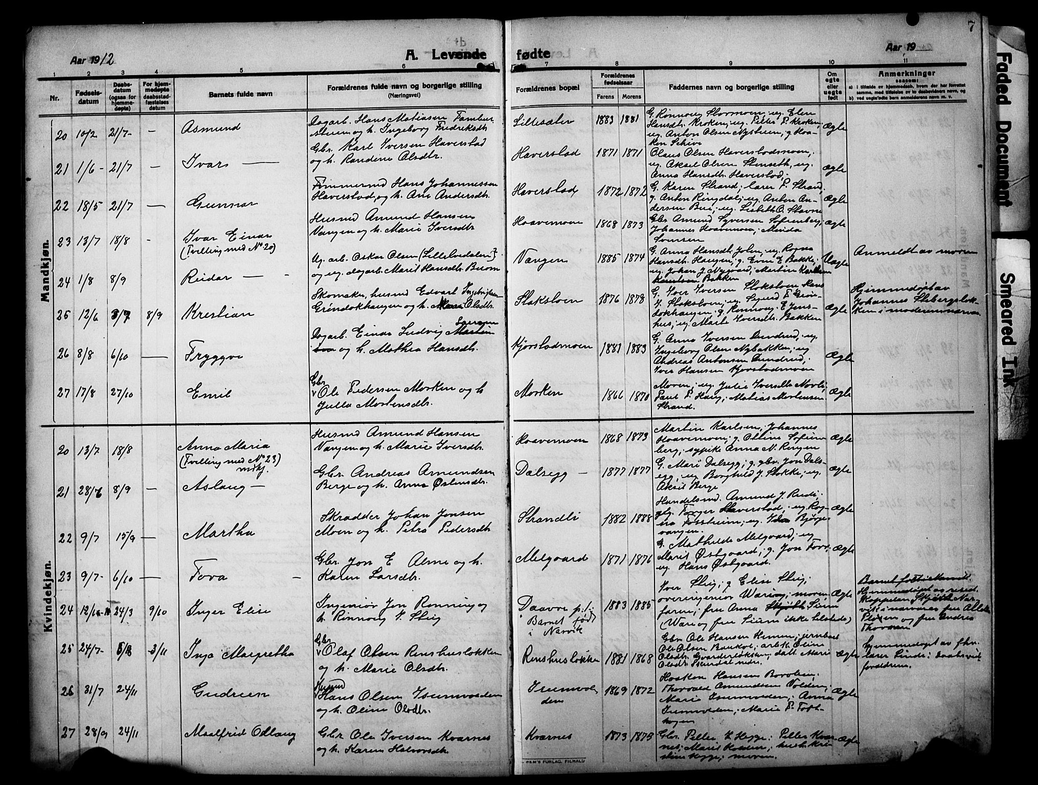 Sør-Fron prestekontor, AV/SAH-PREST-010/H/Ha/Hab/L0005: Parish register (copy) no. 5, 1912-1930, p. 7