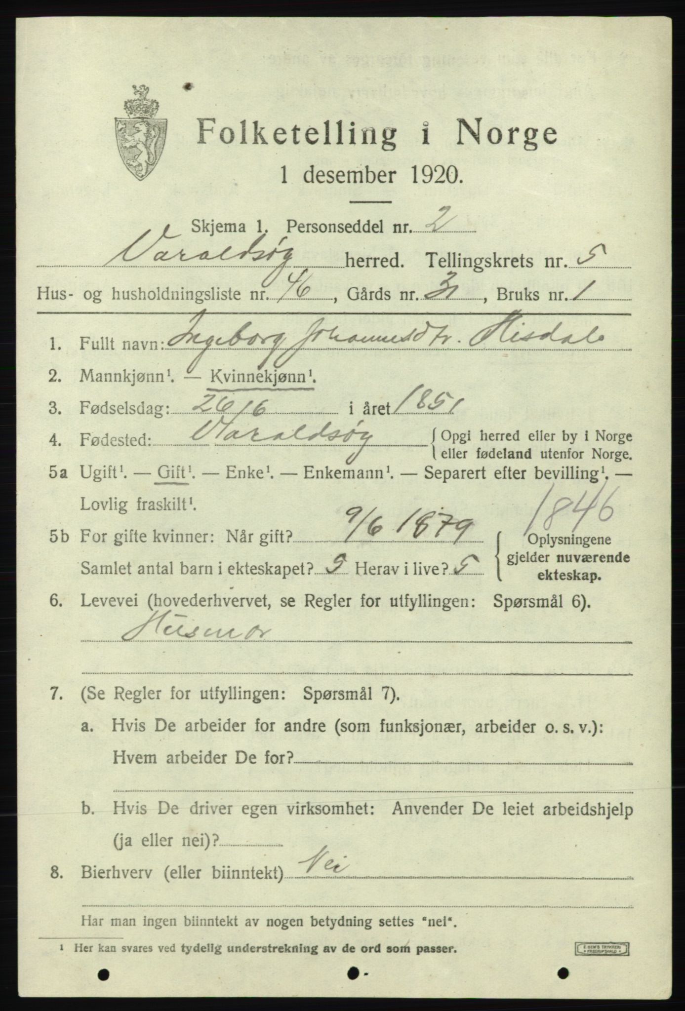 SAB, 1920 census for Varaldsøy, 1920, p. 2295