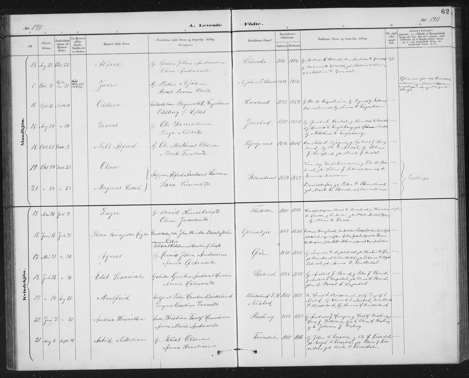 Fjaler sokneprestembete, AV/SAB-A-79801/H/Hab/Habc/L0003: Parish register (copy) no. C 3, 1894-1917, p. 62