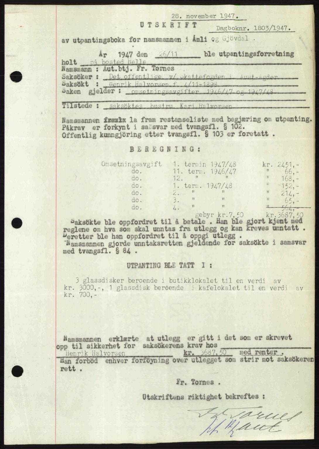 Nedenes sorenskriveri, SAK/1221-0006/G/Gb/Gba/L0058: Mortgage book no. A10, 1947-1948, Diary no: : 1803/1947