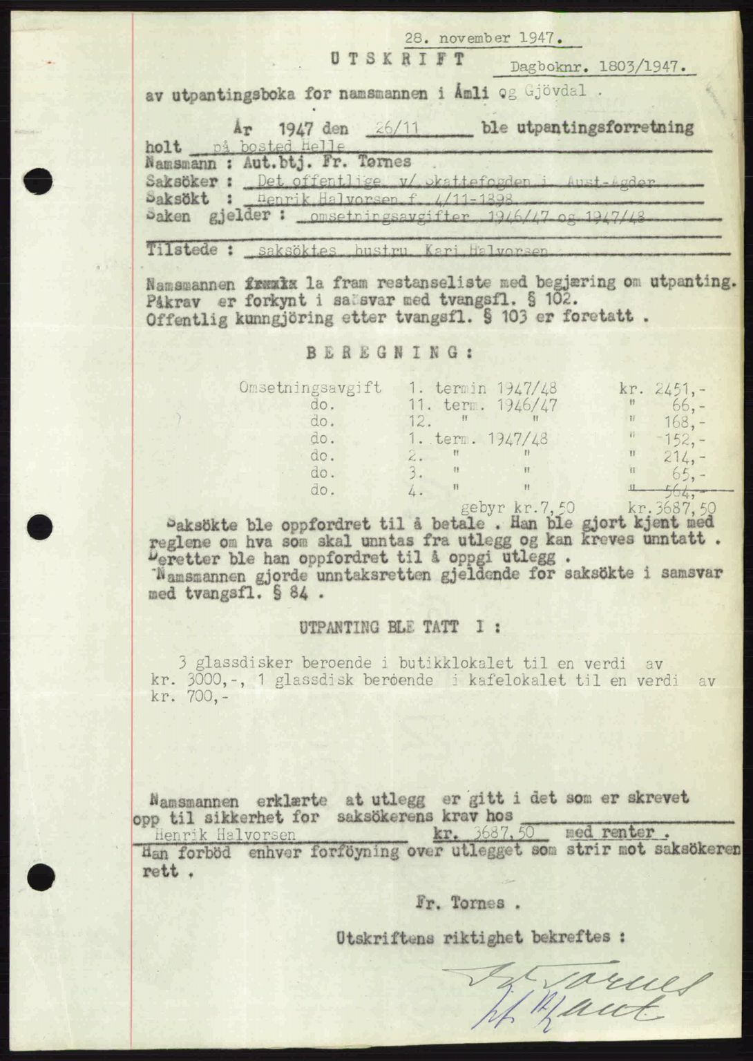 Nedenes sorenskriveri, AV/SAK-1221-0006/G/Gb/Gba/L0058: Mortgage book no. A10, 1947-1948, Diary no: : 1803/1947