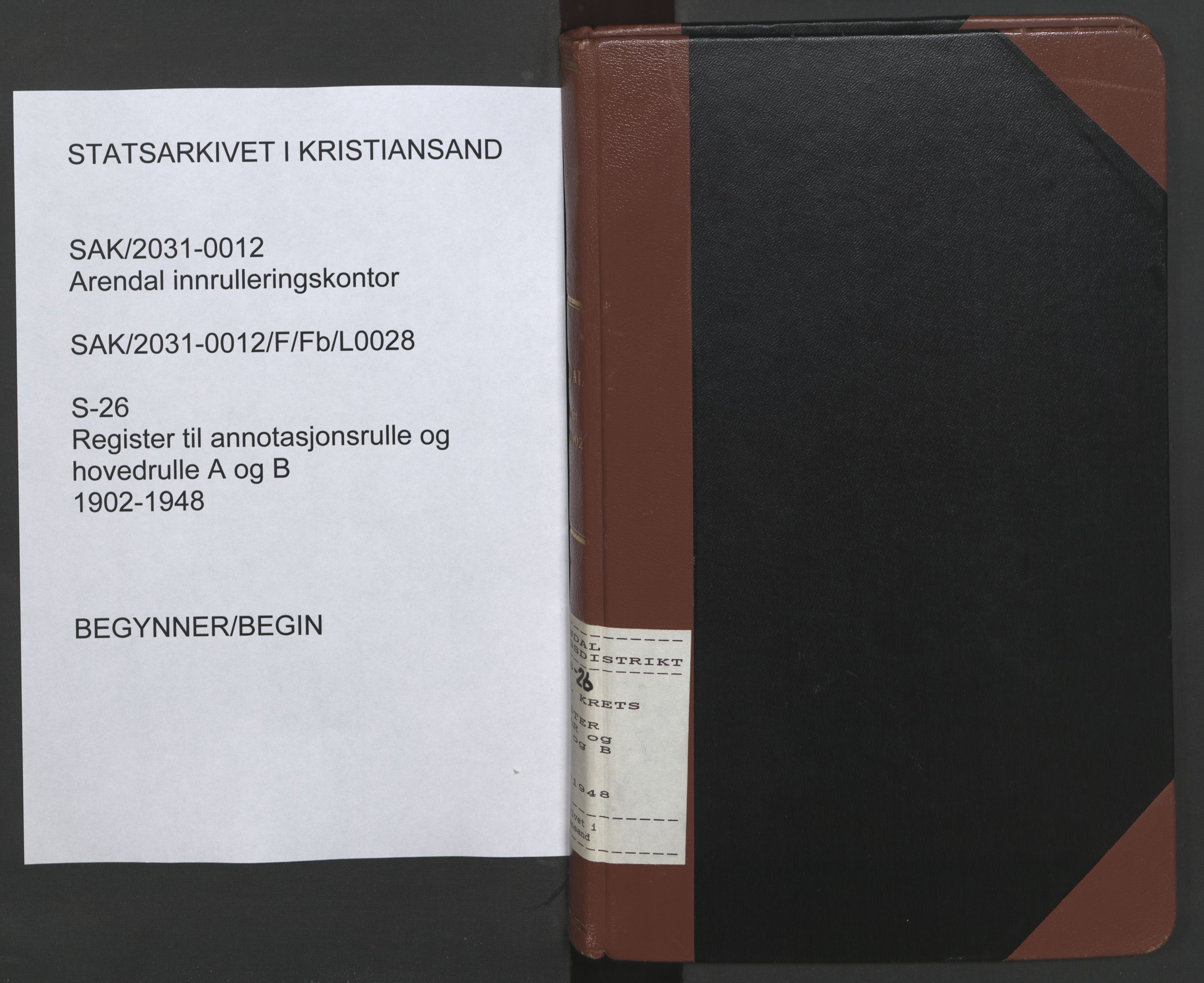 Arendal mønstringskrets, AV/SAK-2031-0012/F/Fb/L0028: Register til annotasjonsrulle og hovedrulle A og B, S-26, 1902-1948, p. 1