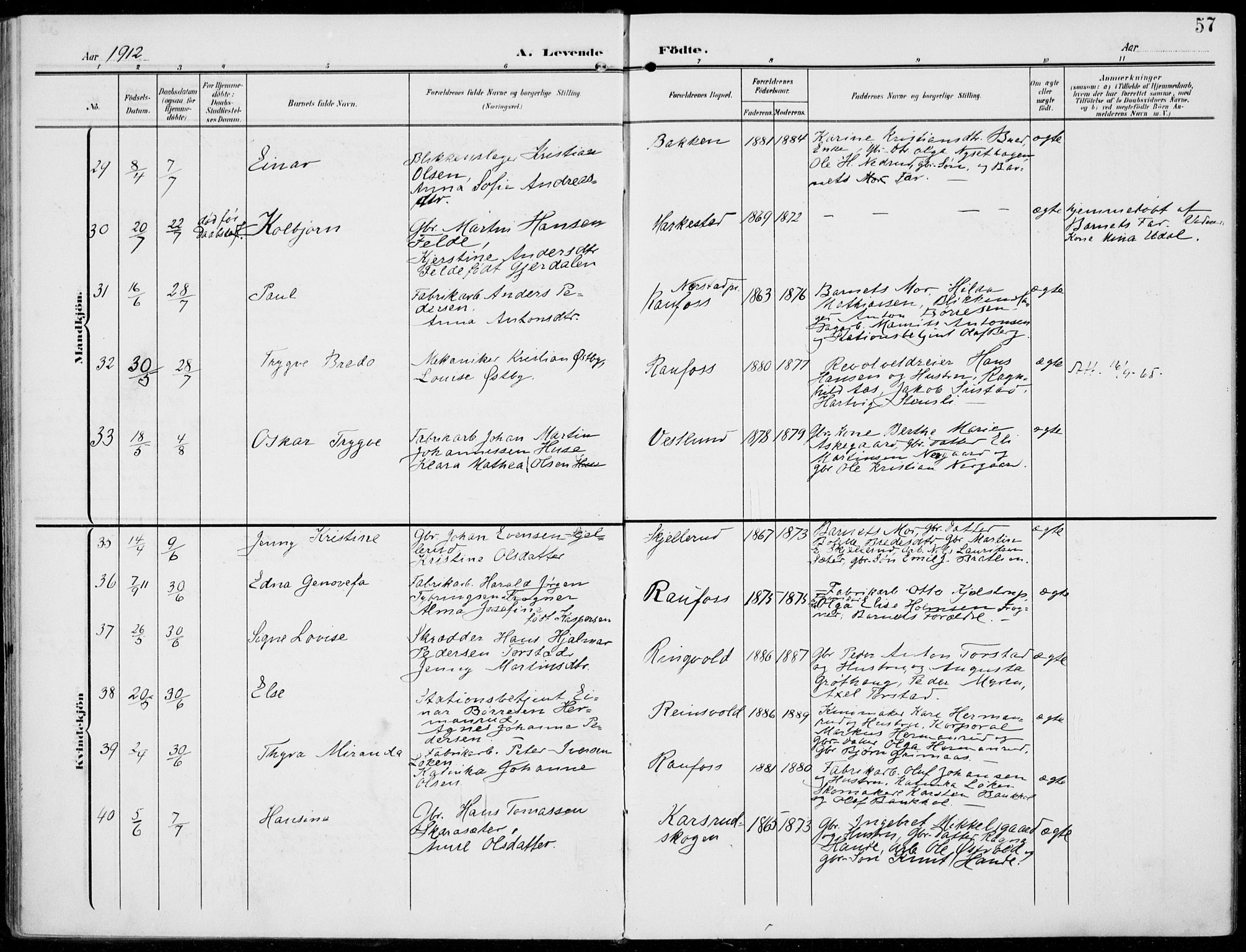 Vestre Toten prestekontor, AV/SAH-PREST-108/H/Ha/Haa/L0014: Parish register (official) no. 14, 1907-1920, p. 57