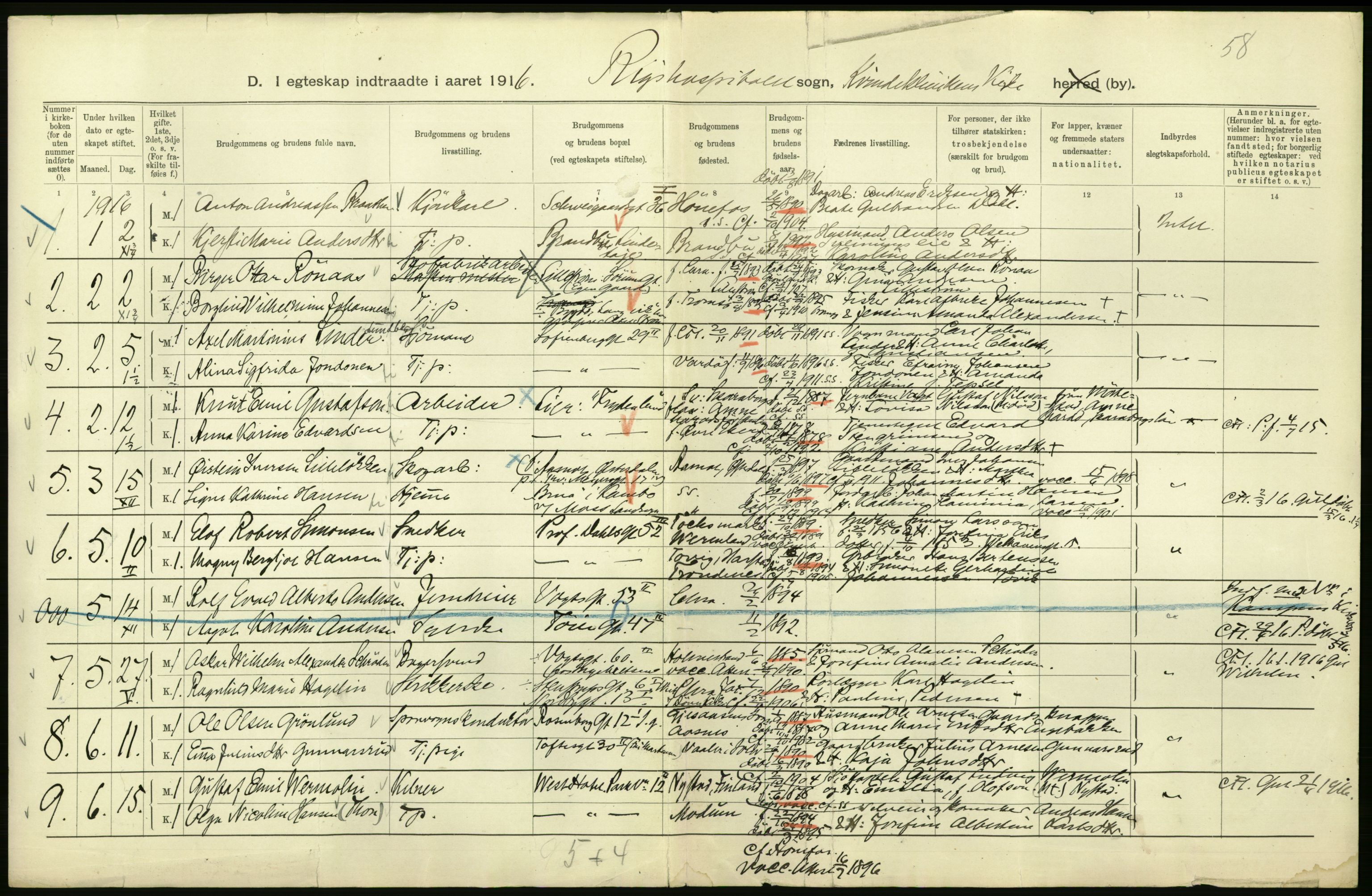 Statistisk sentralbyrå, Sosiodemografiske emner, Befolkning, RA/S-2228/D/Df/Dfb/Dfbf/L0008: Kristiania: Gifte, 1916, p. 950