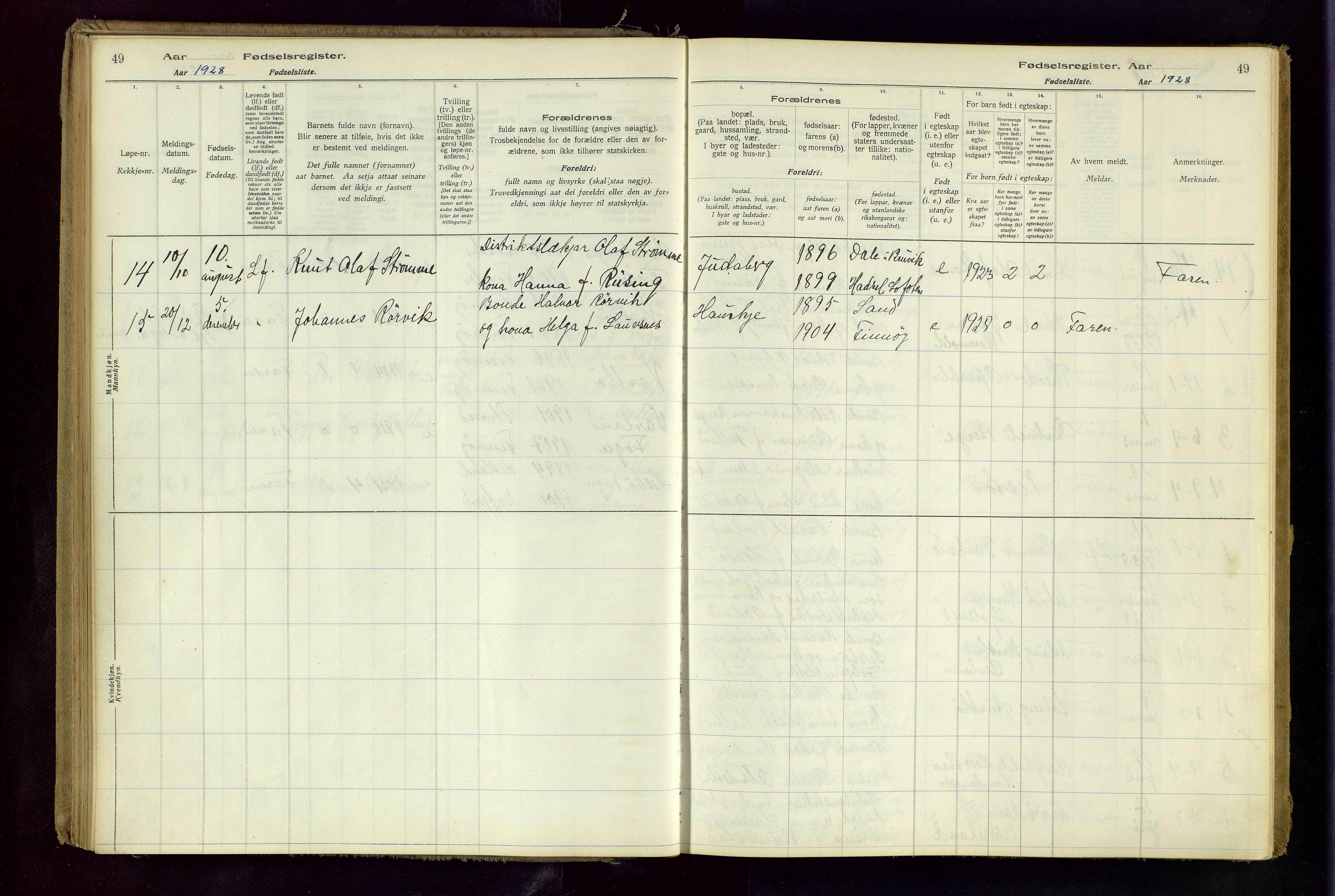 Finnøy sokneprestkontor, AV/SAST-A-101825/I/Id/L0001: Birth register no. 1, 1916-1977, p. 49