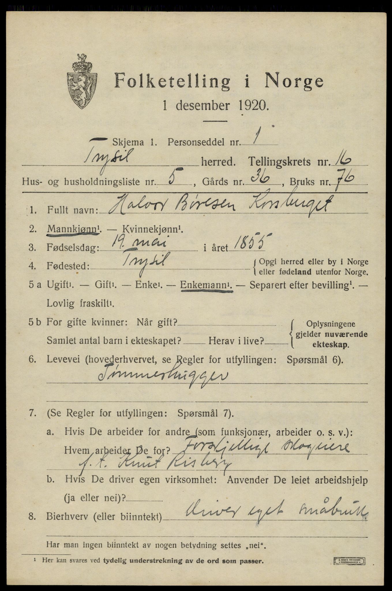 SAH, 1920 census for Trysil, 1920, p. 9489