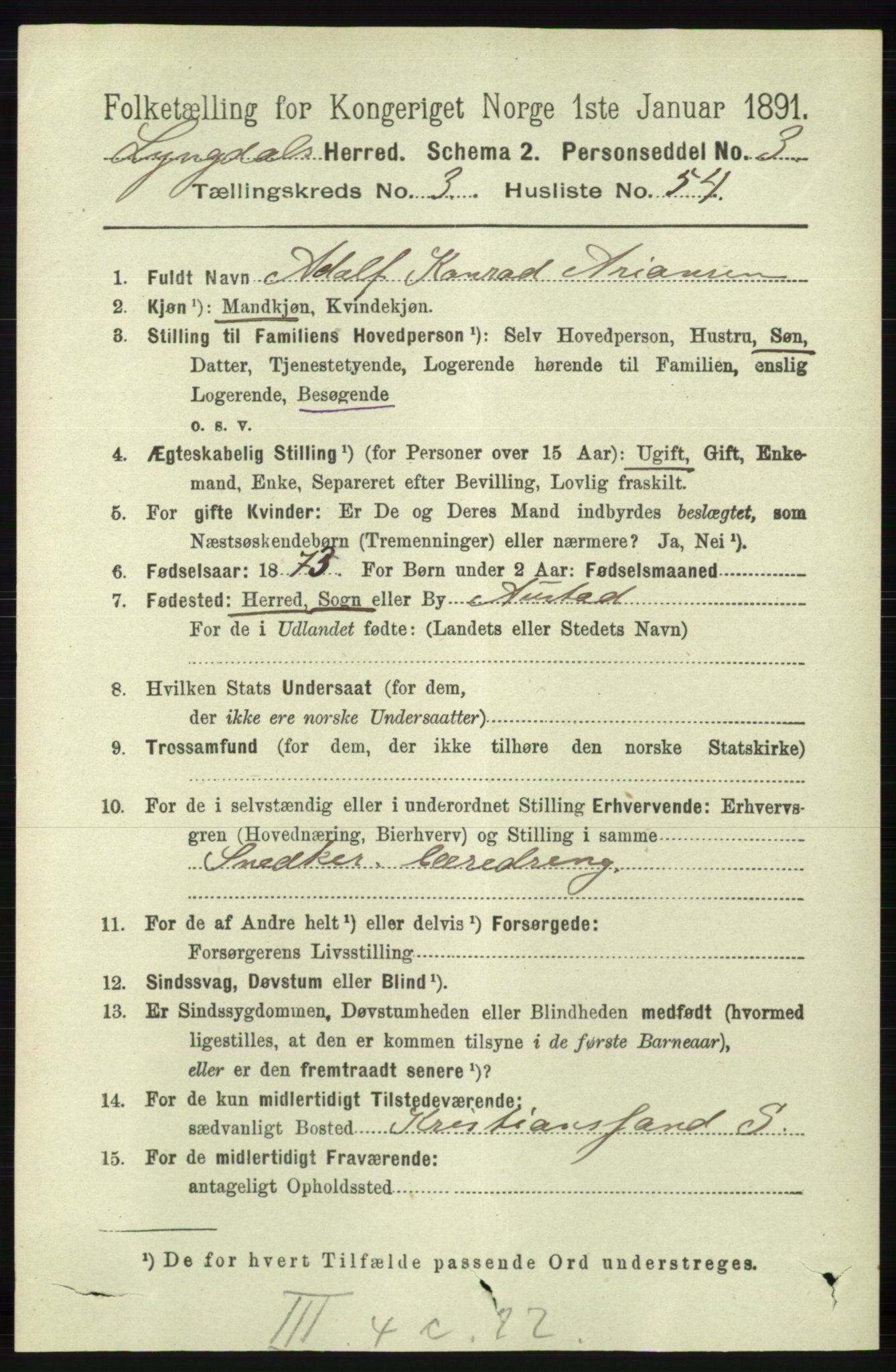 RA, 1891 census for 1032 Lyngdal, 1891, p. 1349