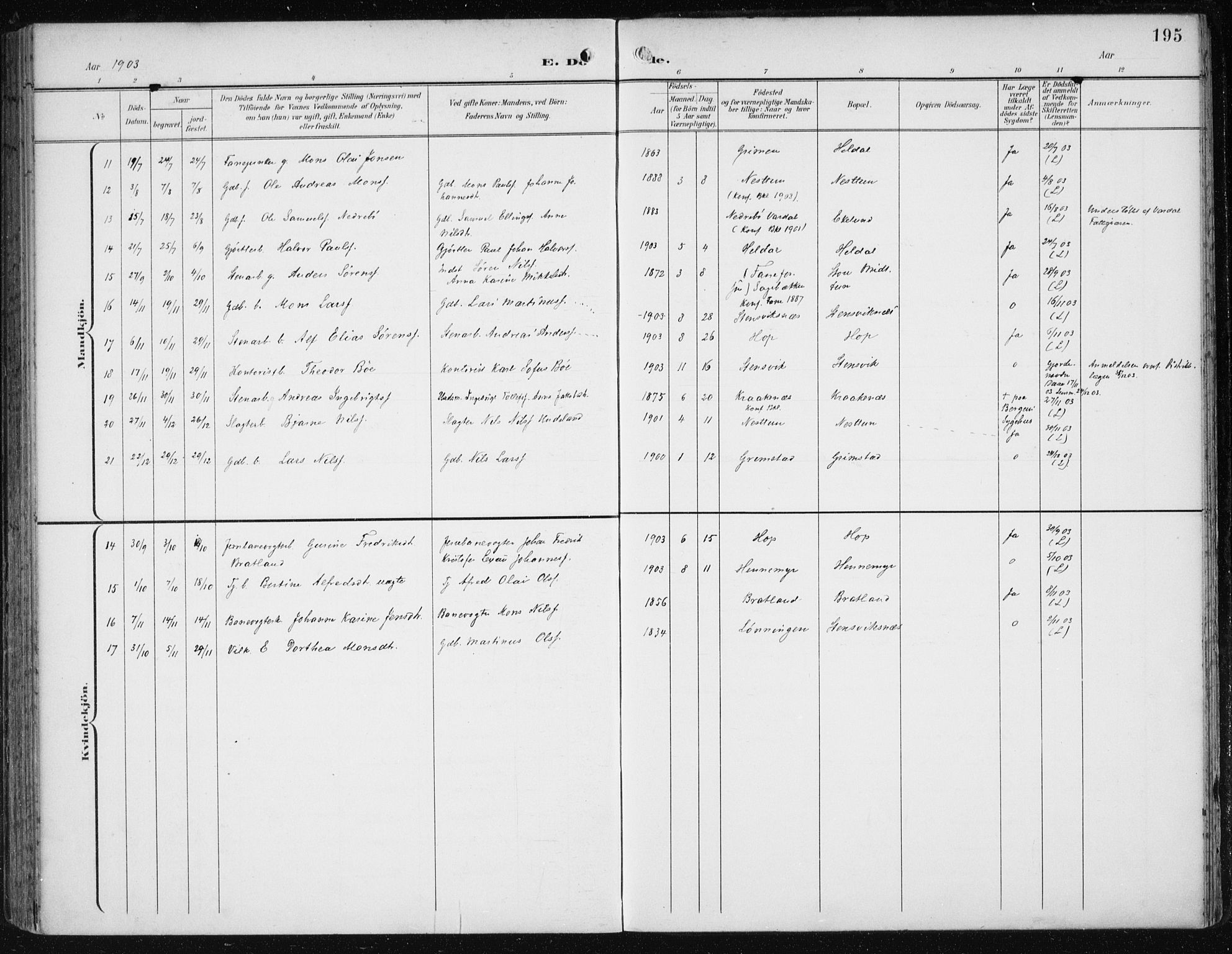 Fana Sokneprestembete, SAB/A-75101/H/Haa/Haai/L0003: Parish register (official) no. I 3, 1900-1912, p. 195