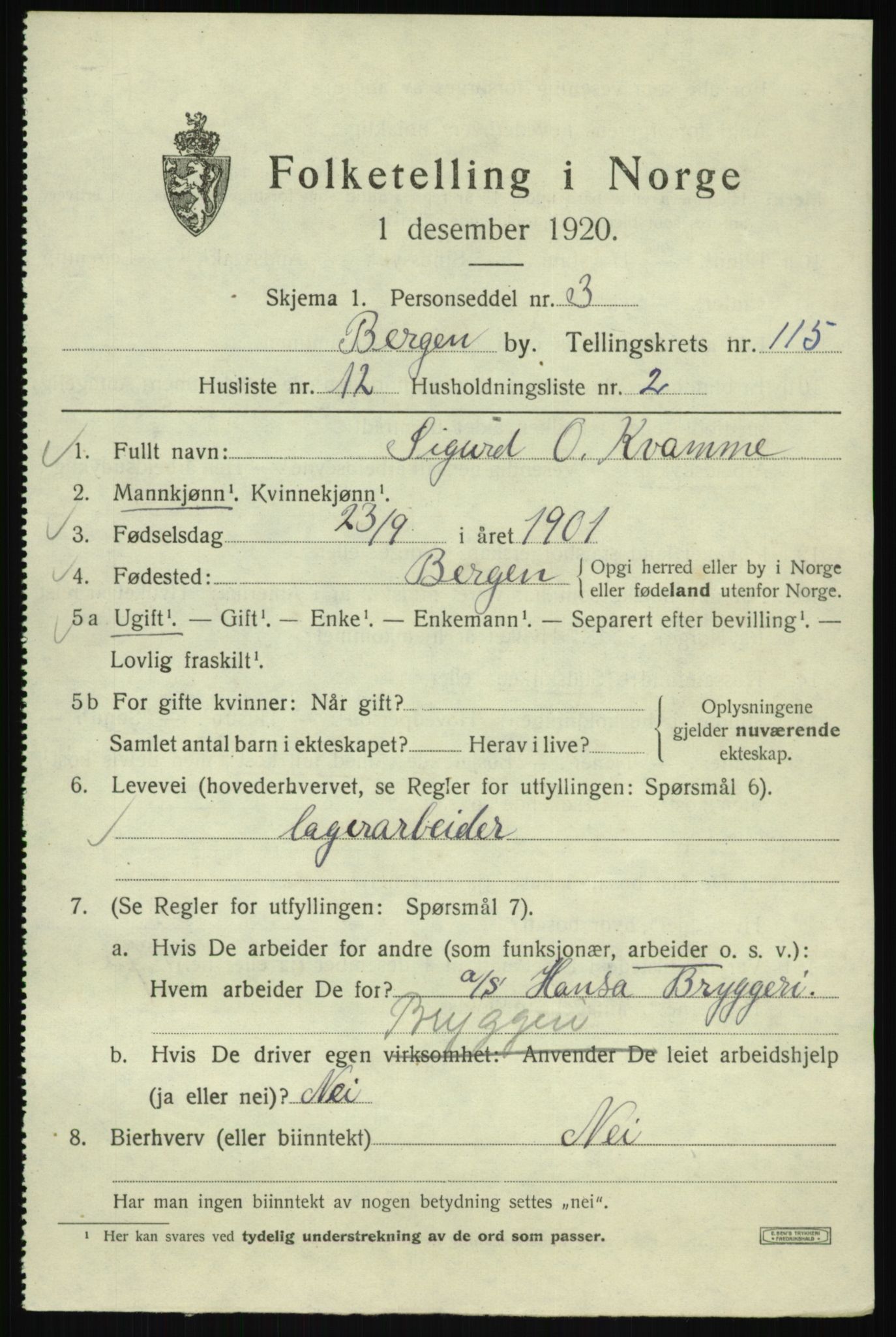 SAB, 1920 census for Bergen, 1920, p. 195459