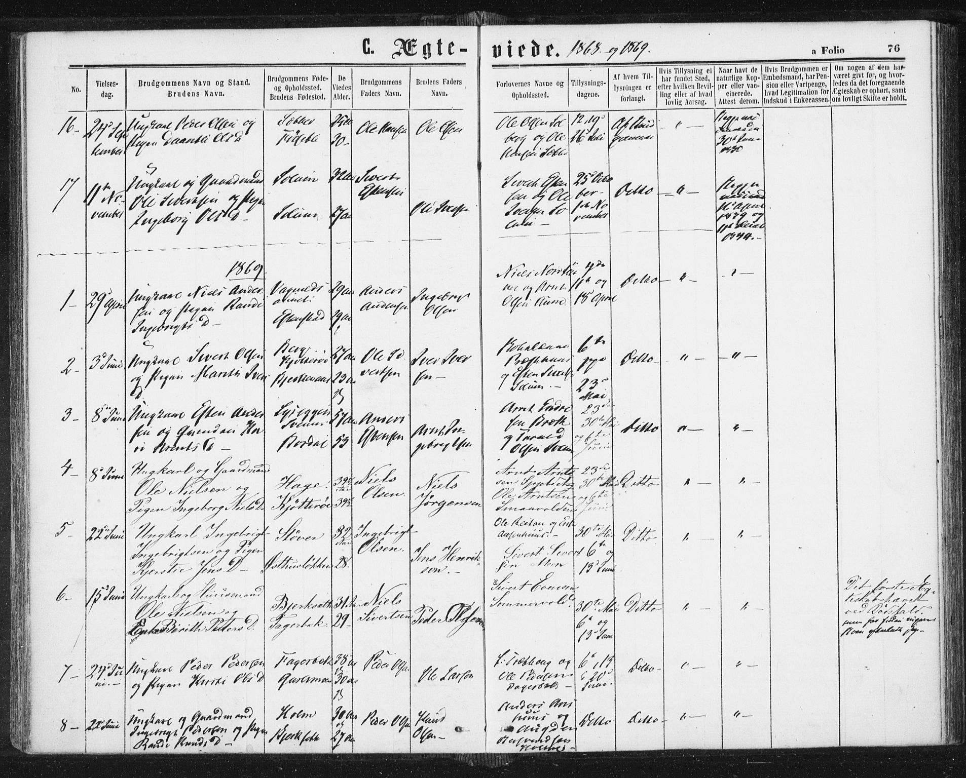 Ministerialprotokoller, klokkerbøker og fødselsregistre - Sør-Trøndelag, SAT/A-1456/689/L1039: Parish register (official) no. 689A04, 1865-1878, p. 76