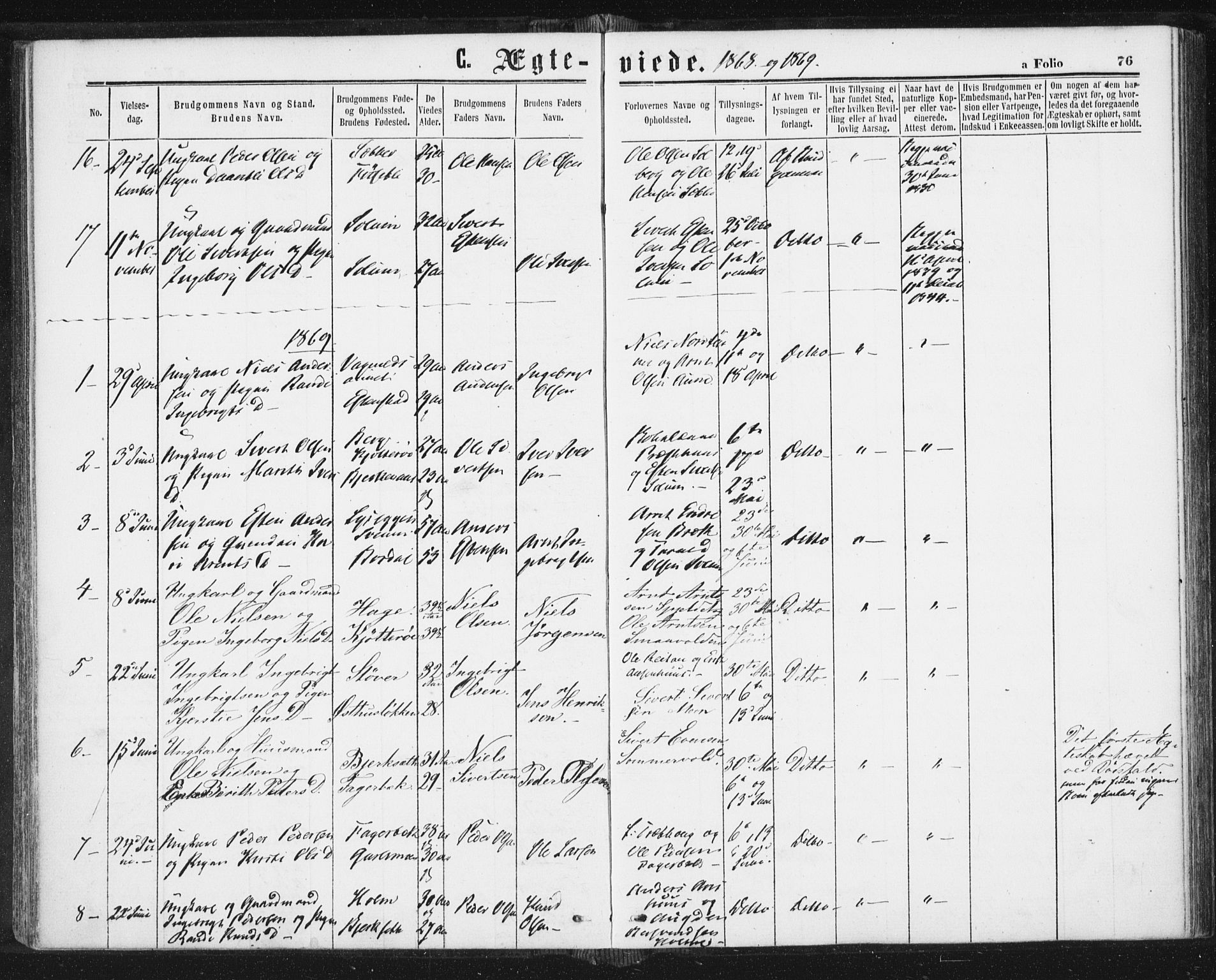 Ministerialprotokoller, klokkerbøker og fødselsregistre - Sør-Trøndelag, AV/SAT-A-1456/689/L1039: Parish register (official) no. 689A04, 1865-1878, p. 76