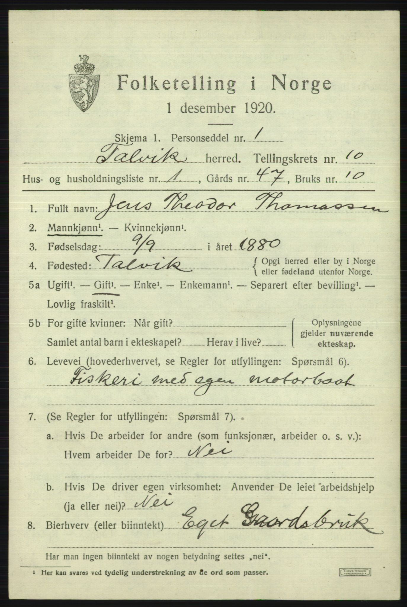 SATØ, 1920 census for Talvik, 1920, p. 5796