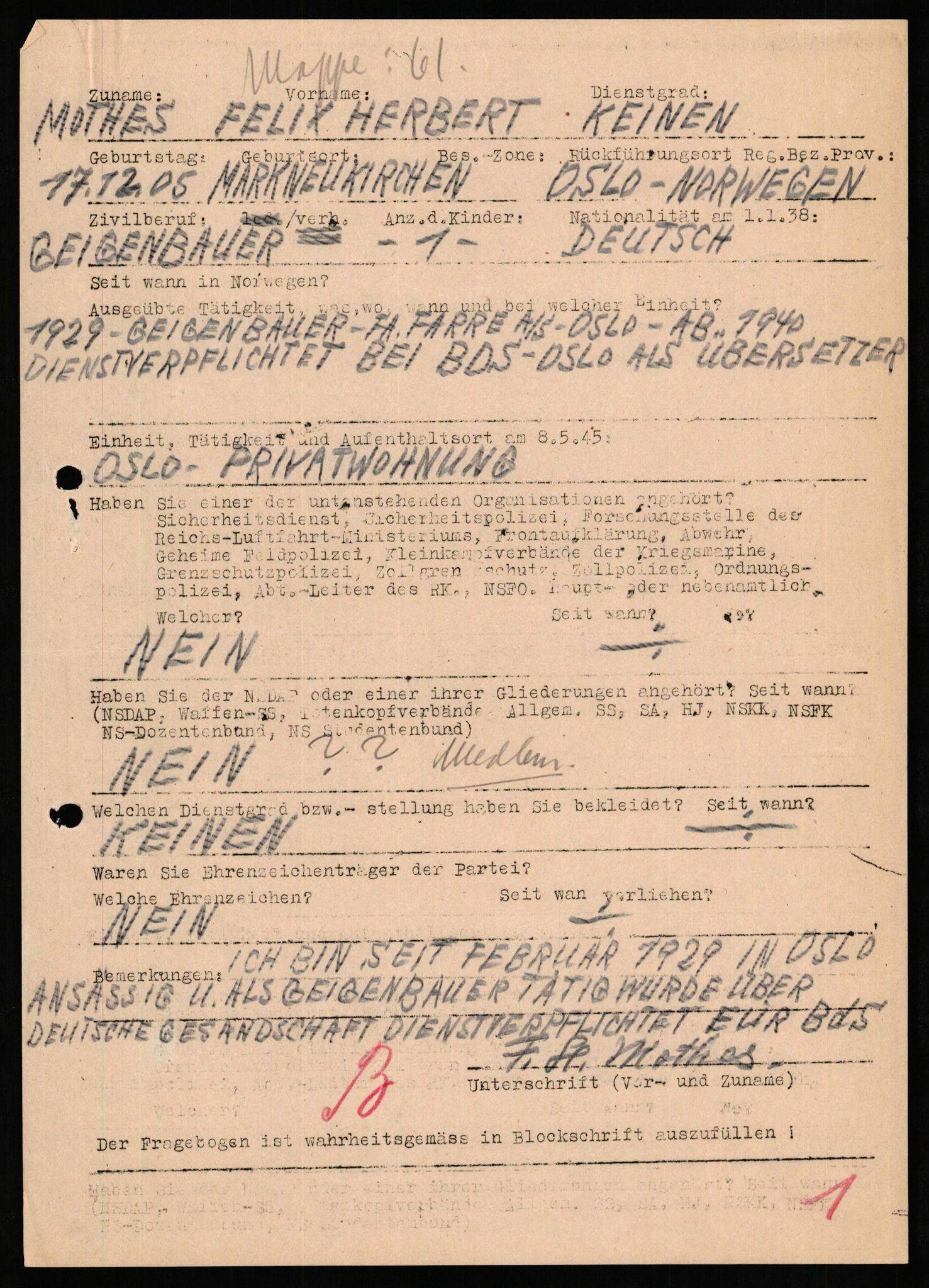 Forsvaret, Forsvarets overkommando II, AV/RA-RAFA-3915/D/Db/L0022: CI Questionaires. Tyske okkupasjonsstyrker i Norge. Tyskere., 1945-1946, p. 405