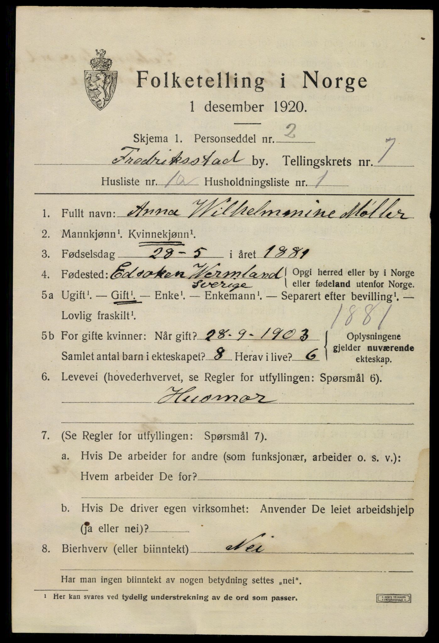 SAO, 1920 census for Fredrikstad, 1920, p. 21843