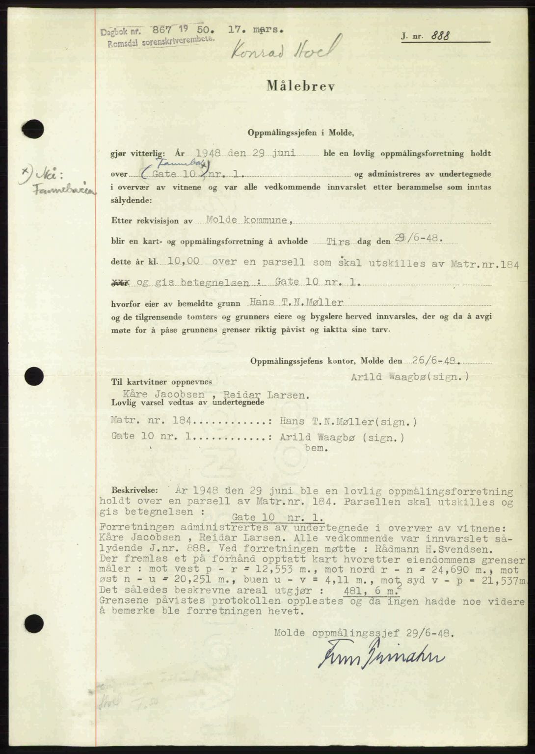 Romsdal sorenskriveri, AV/SAT-A-4149/1/2/2C: Mortgage book no. A32, 1950-1950, Diary no: : 867/1950