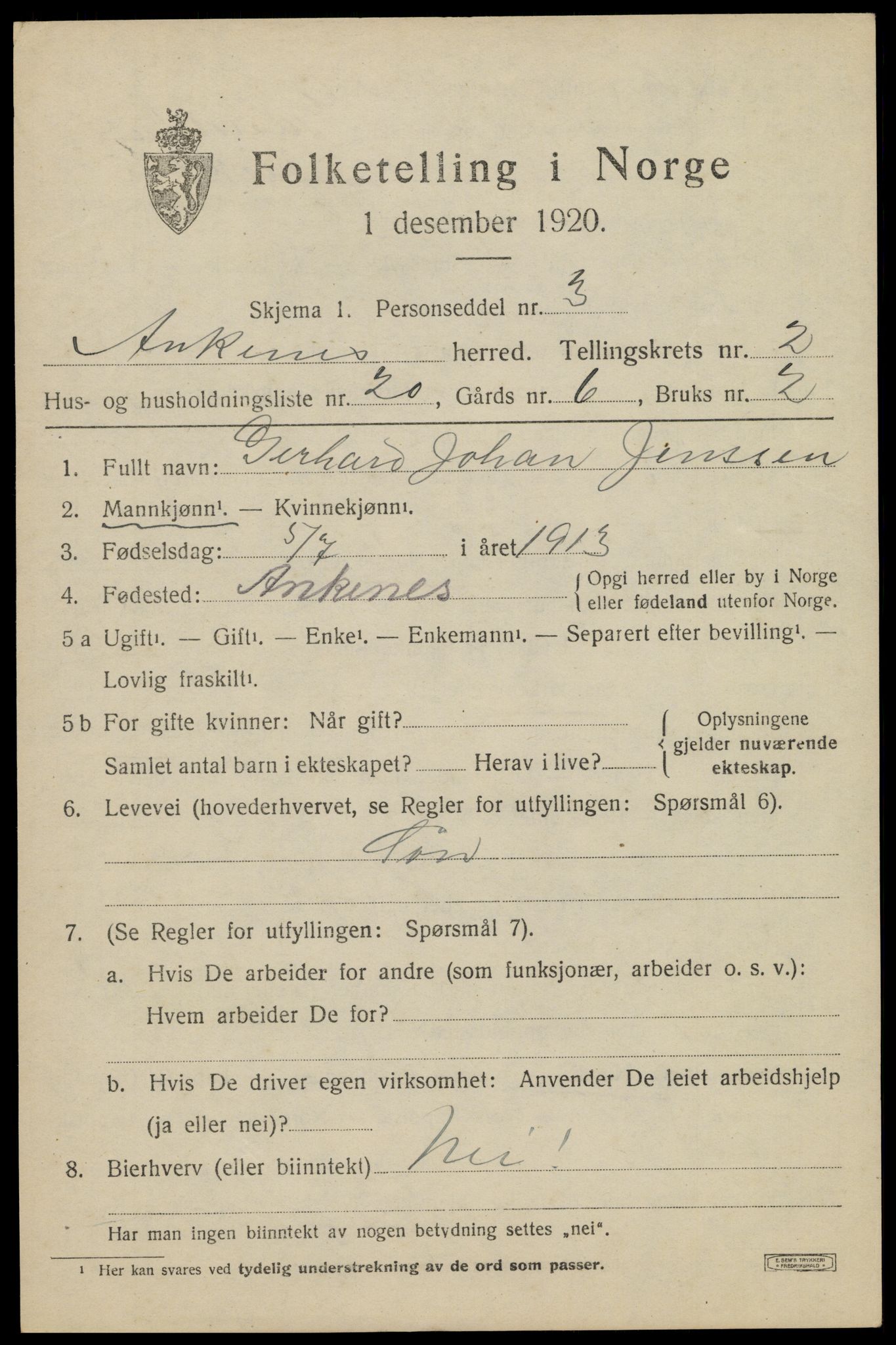 SAT, 1920 census for Ankenes, 1920, p. 1645