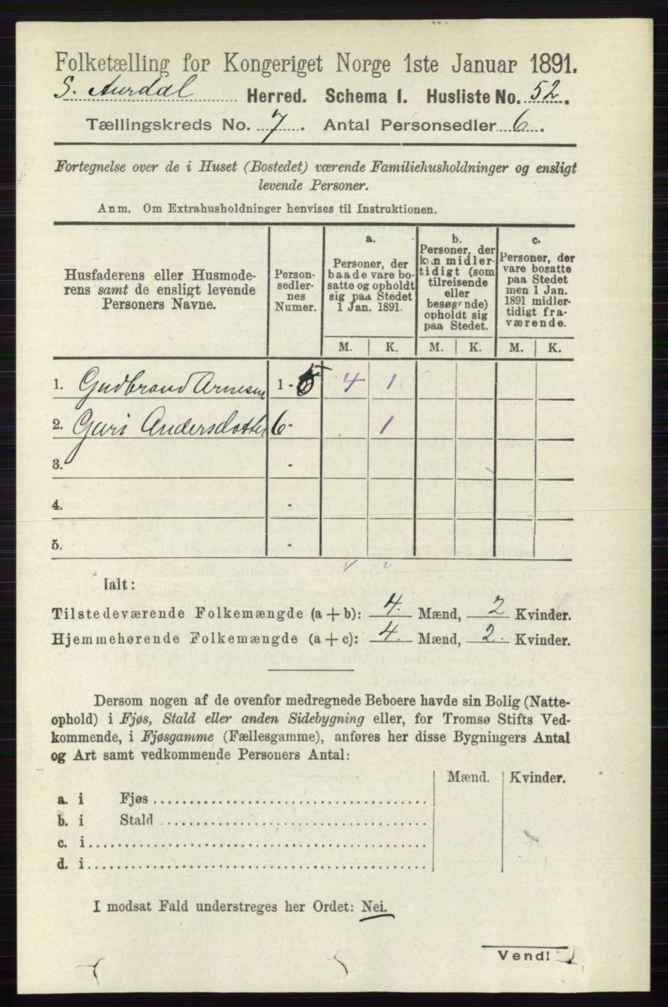 RA, 1891 census for 0540 Sør-Aurdal, 1891, p. 4389