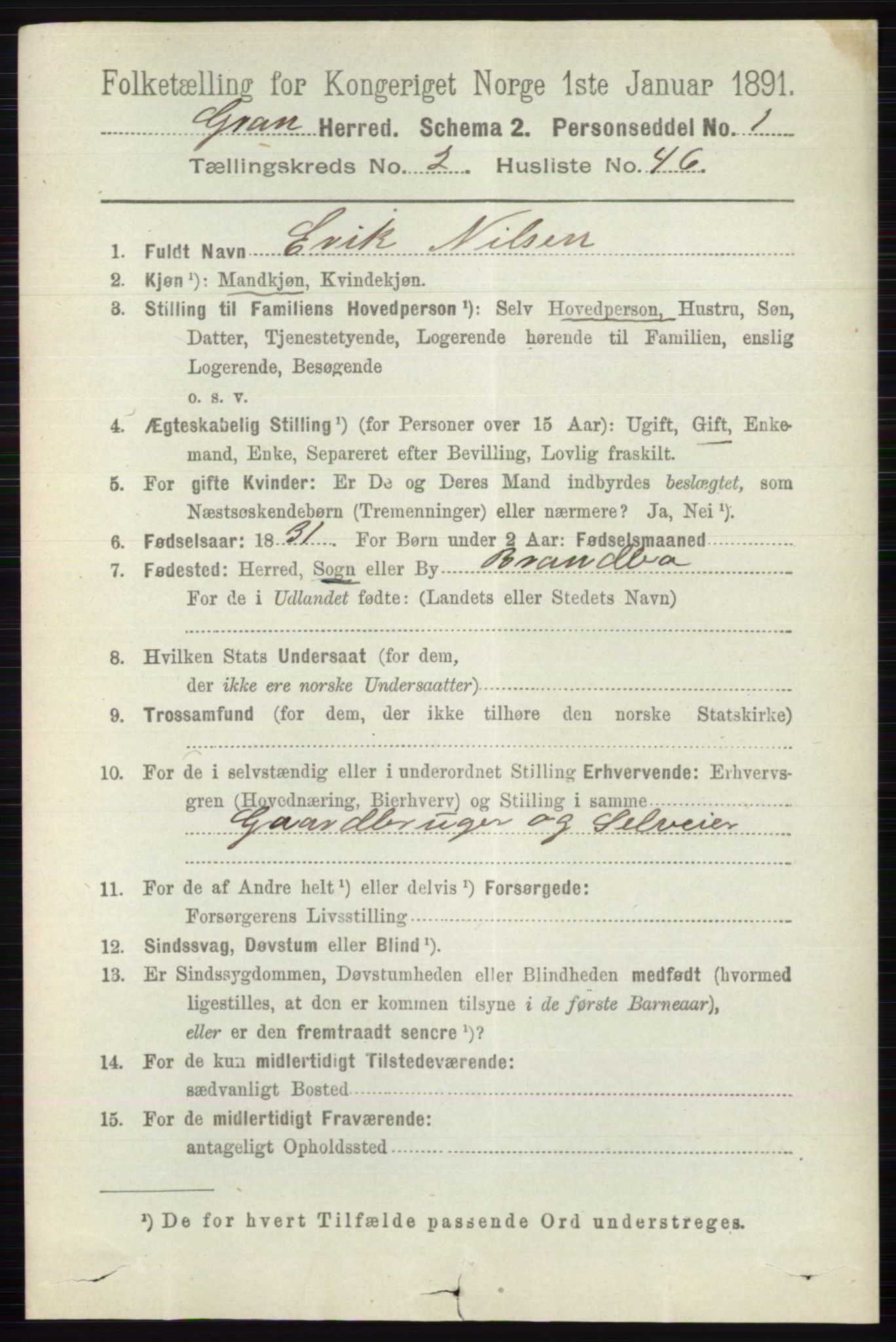 RA, 1891 census for 0534 Gran, 1891, p. 598