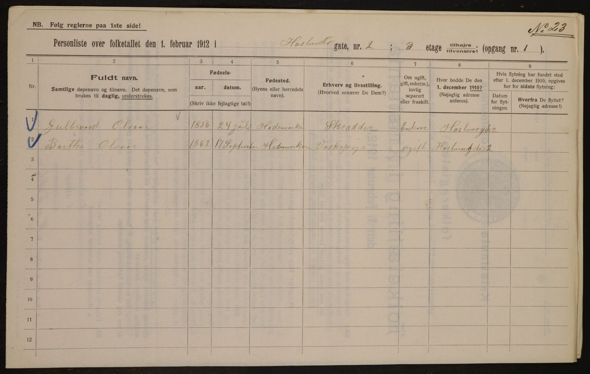 OBA, Municipal Census 1912 for Kristiania, 1912, p. 35276