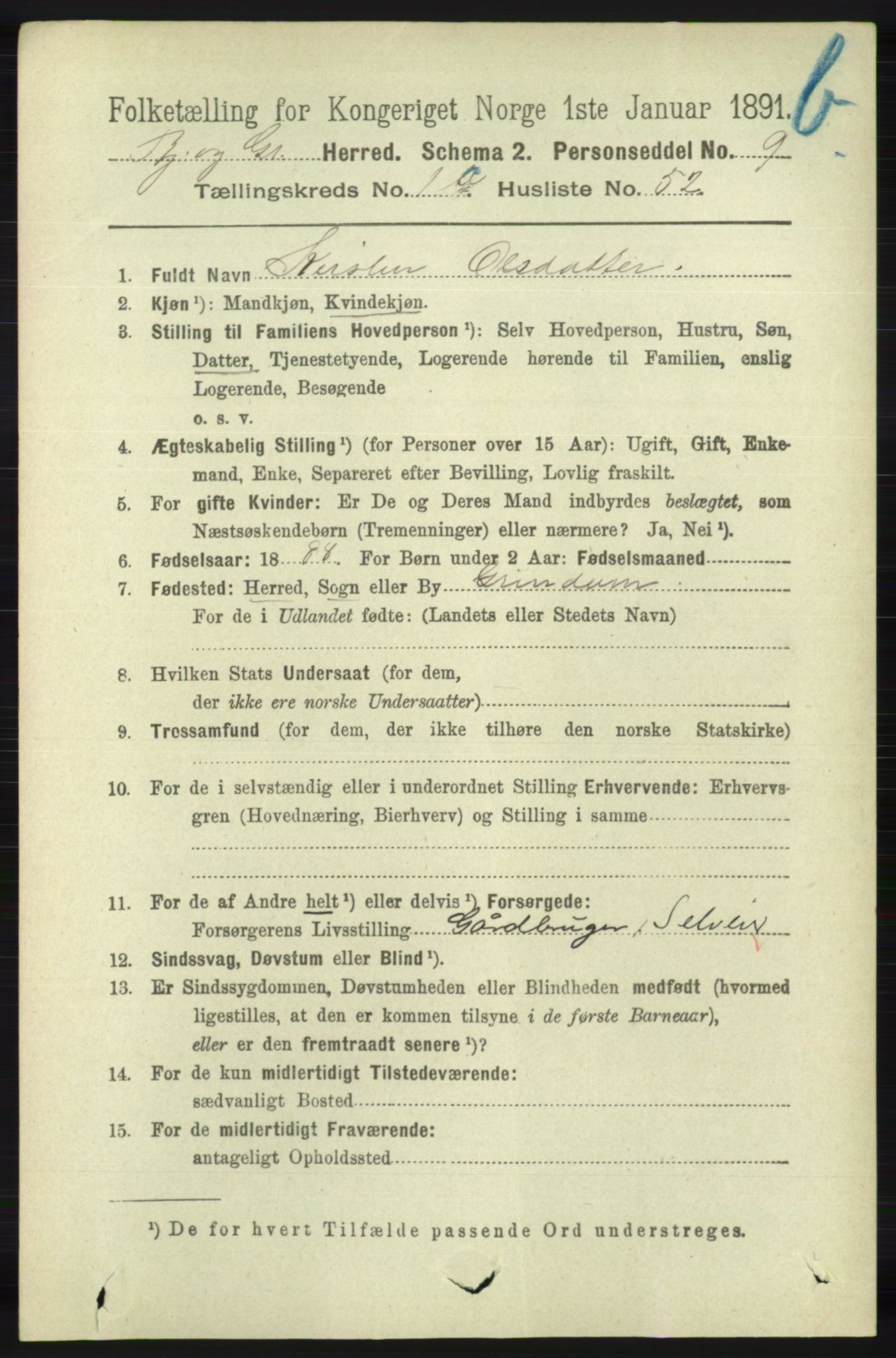 RA, 1891 census for 1024 Bjelland og Grindheim, 1891, p. 1072