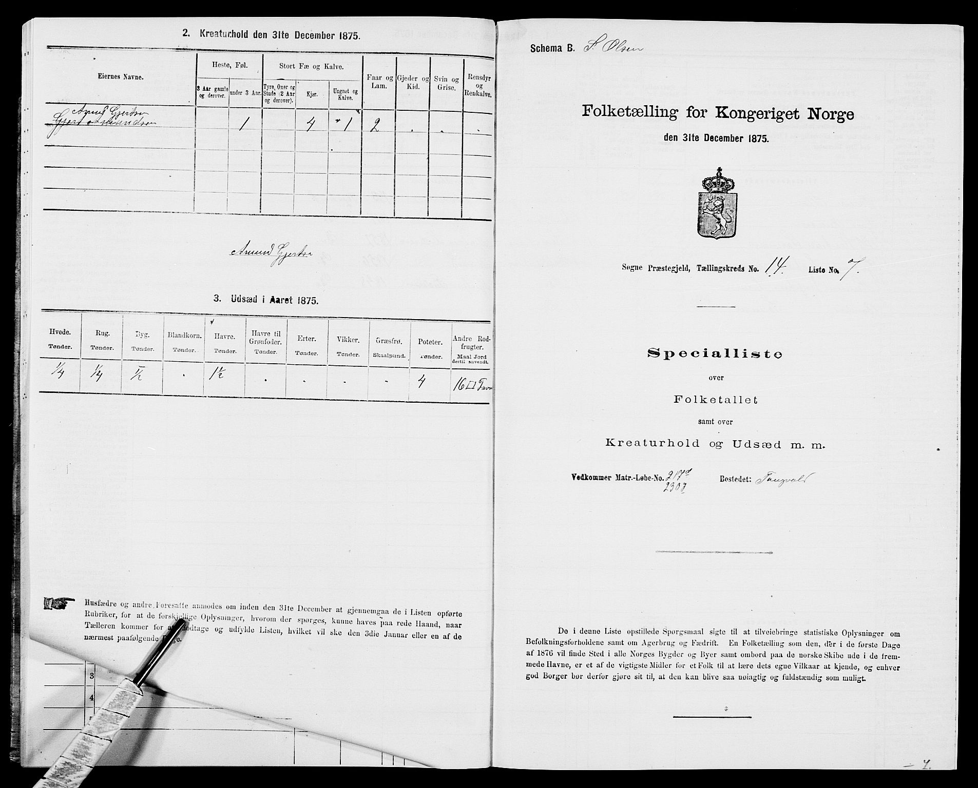 SAK, 1875 census for 1018P Søgne, 1875, p. 1013