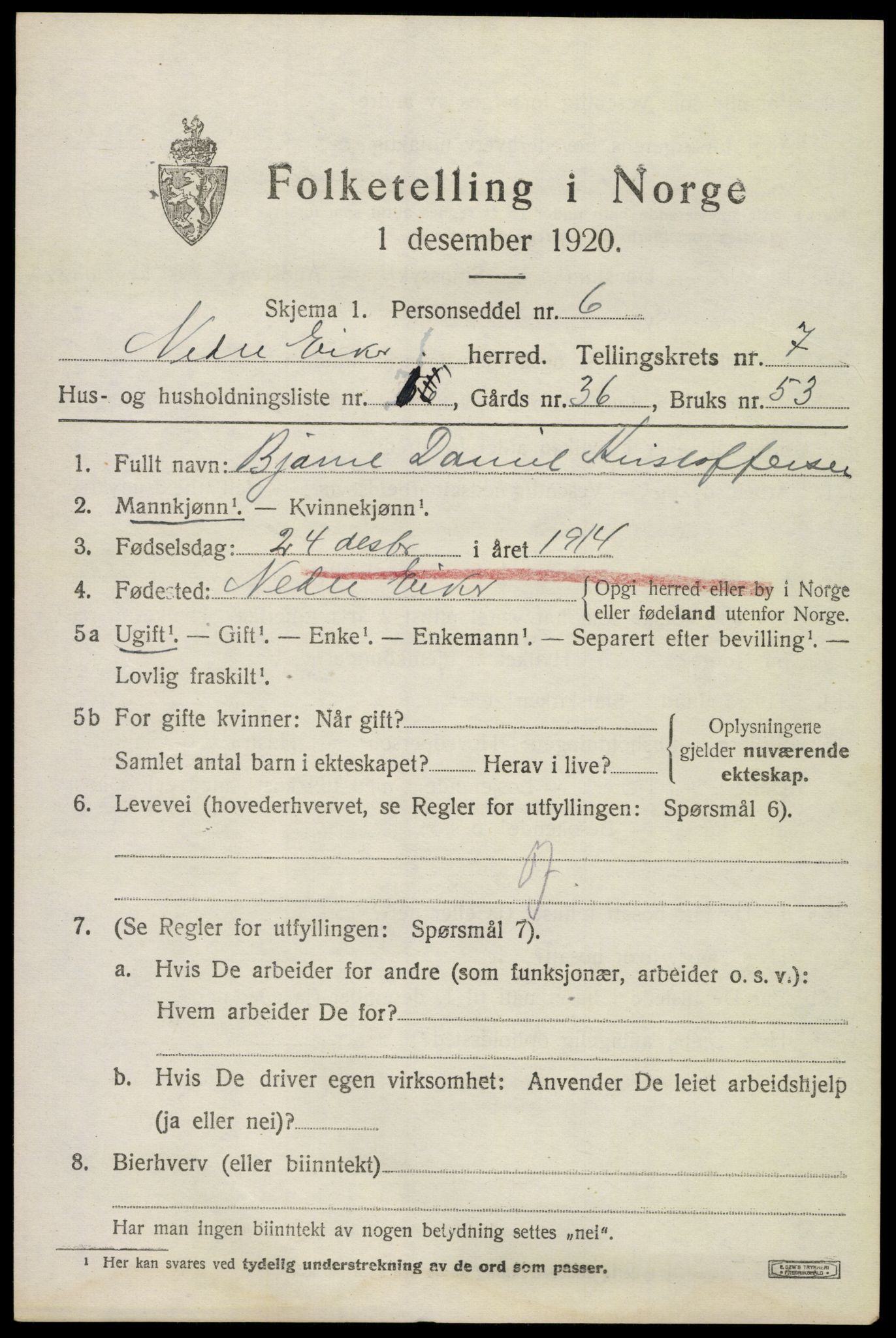 SAKO, 1920 census for Nedre Eiker, 1920, p. 7413