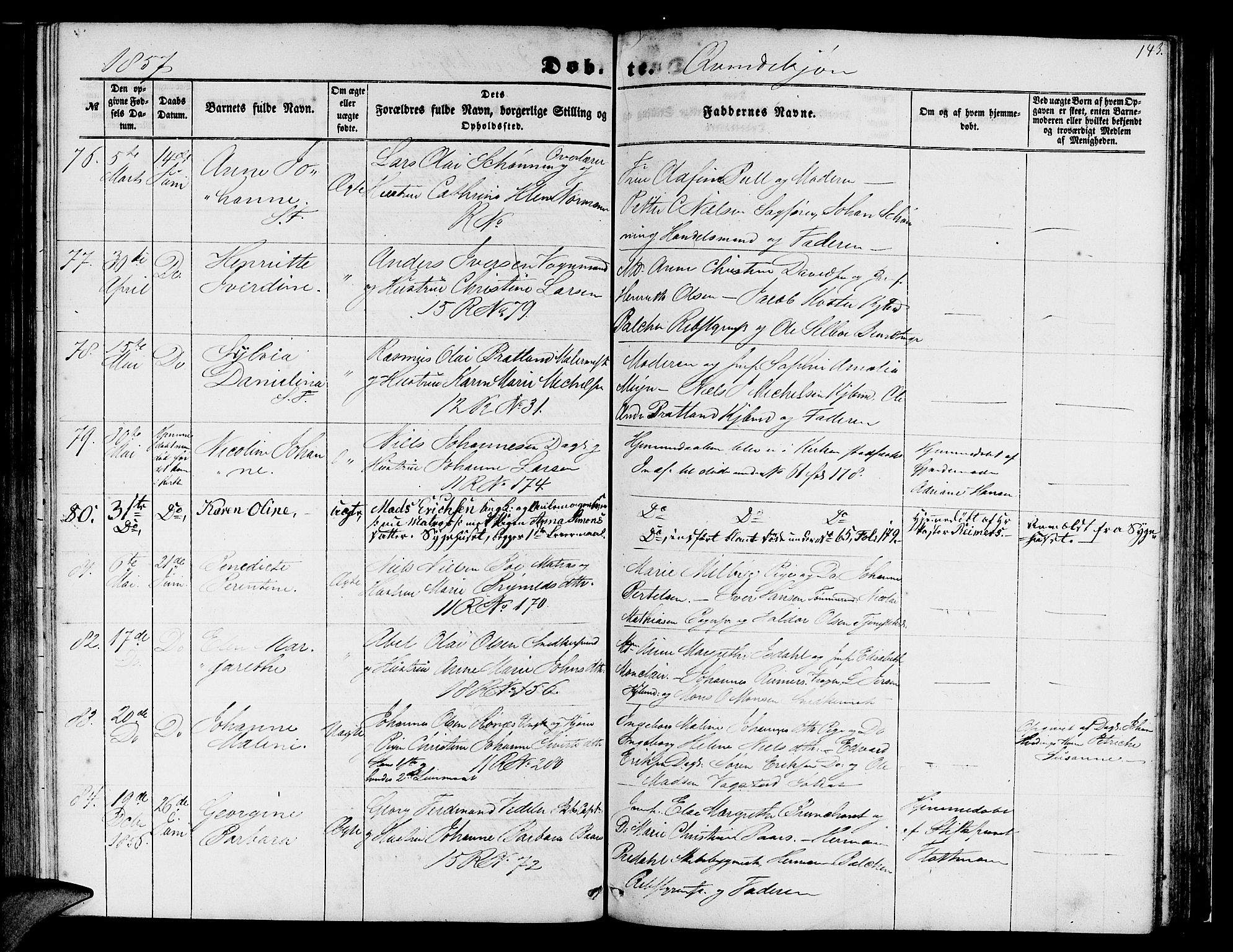 Domkirken sokneprestembete, AV/SAB-A-74801/H/Hab/L0011: Parish register (copy) no. B 4, 1856-1862, p. 143