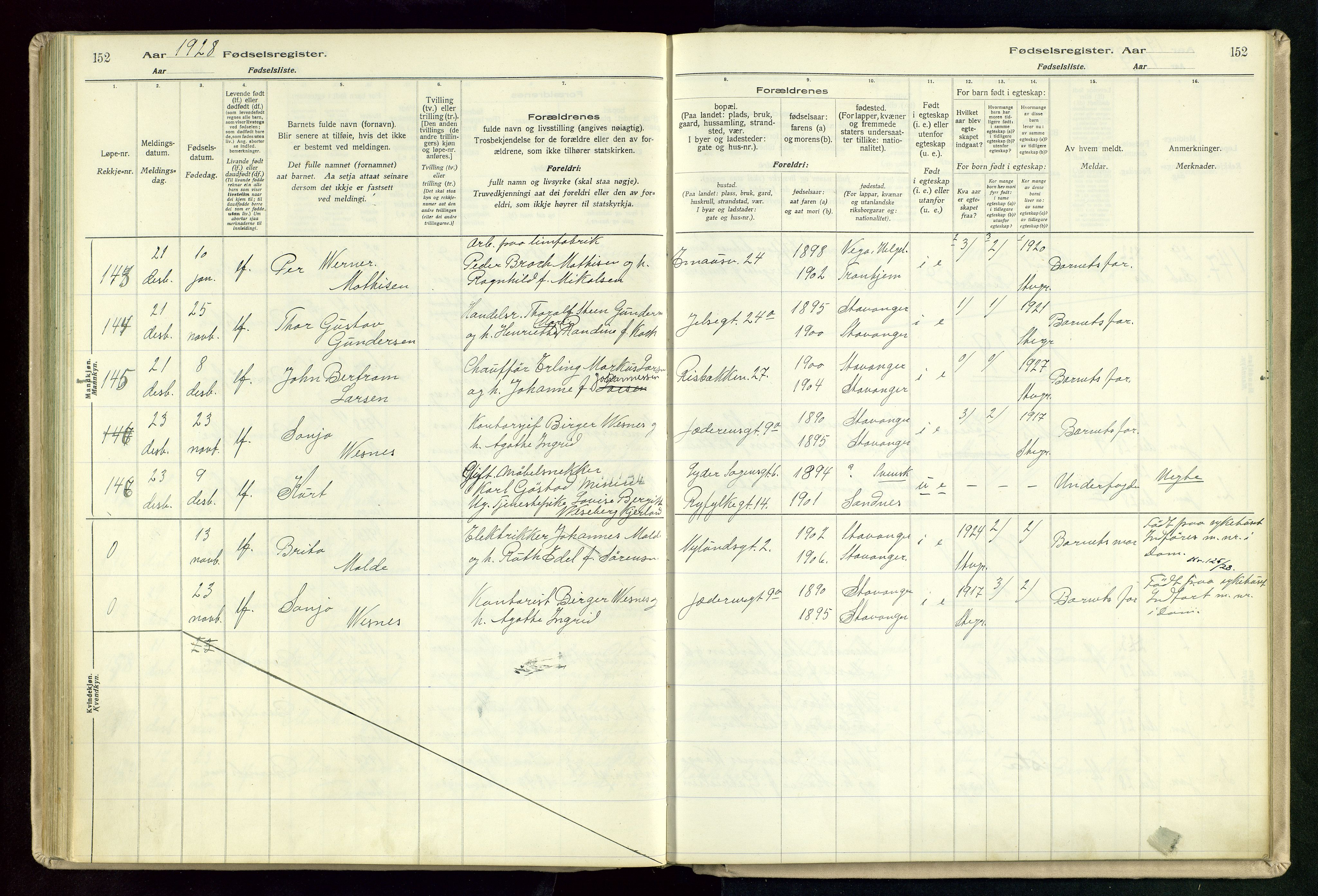 St. Johannes sokneprestkontor, SAST/A-101814/002/A/L0003: Birth register no. 3, 1924-1930, p. 152