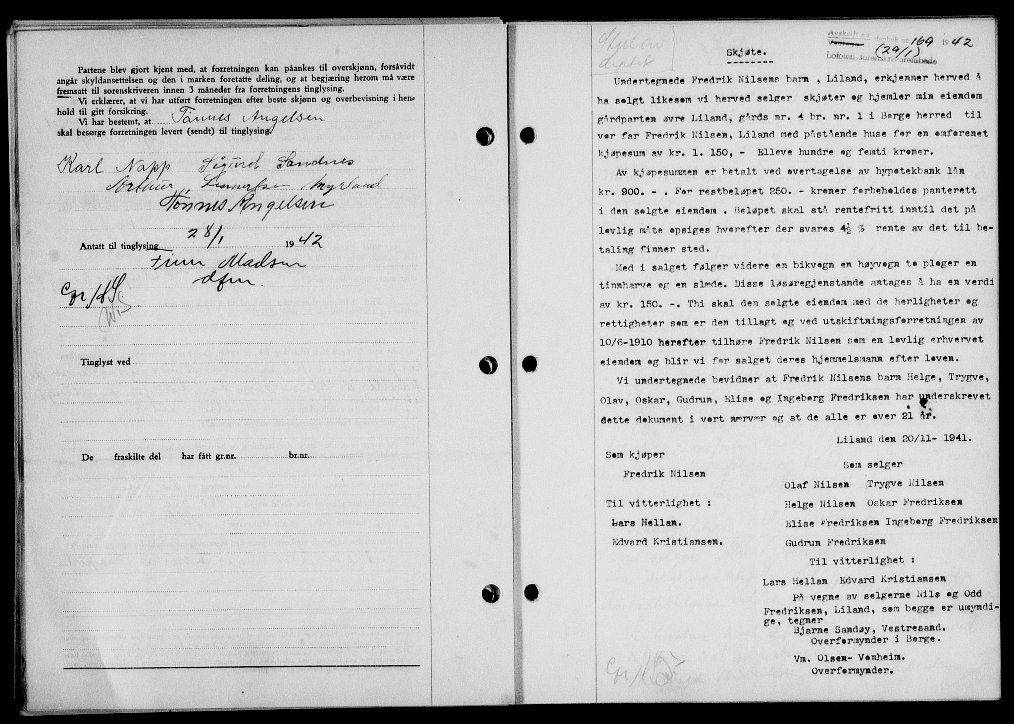 Lofoten sorenskriveri, SAT/A-0017/1/2/2C/L0009a: Mortgage book no. 9a, 1941-1942, Diary no: : 169/1942