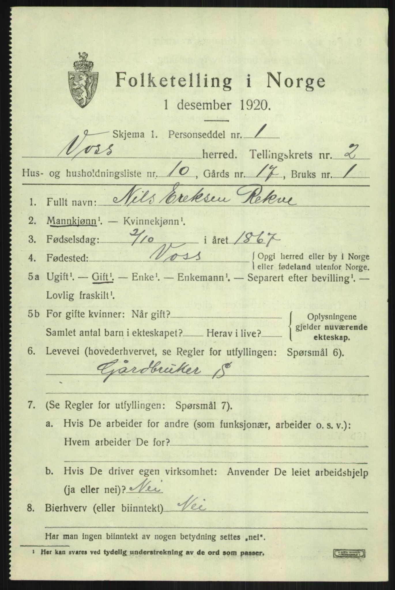 SAB, 1920 census for Voss, 1920, p. 3559