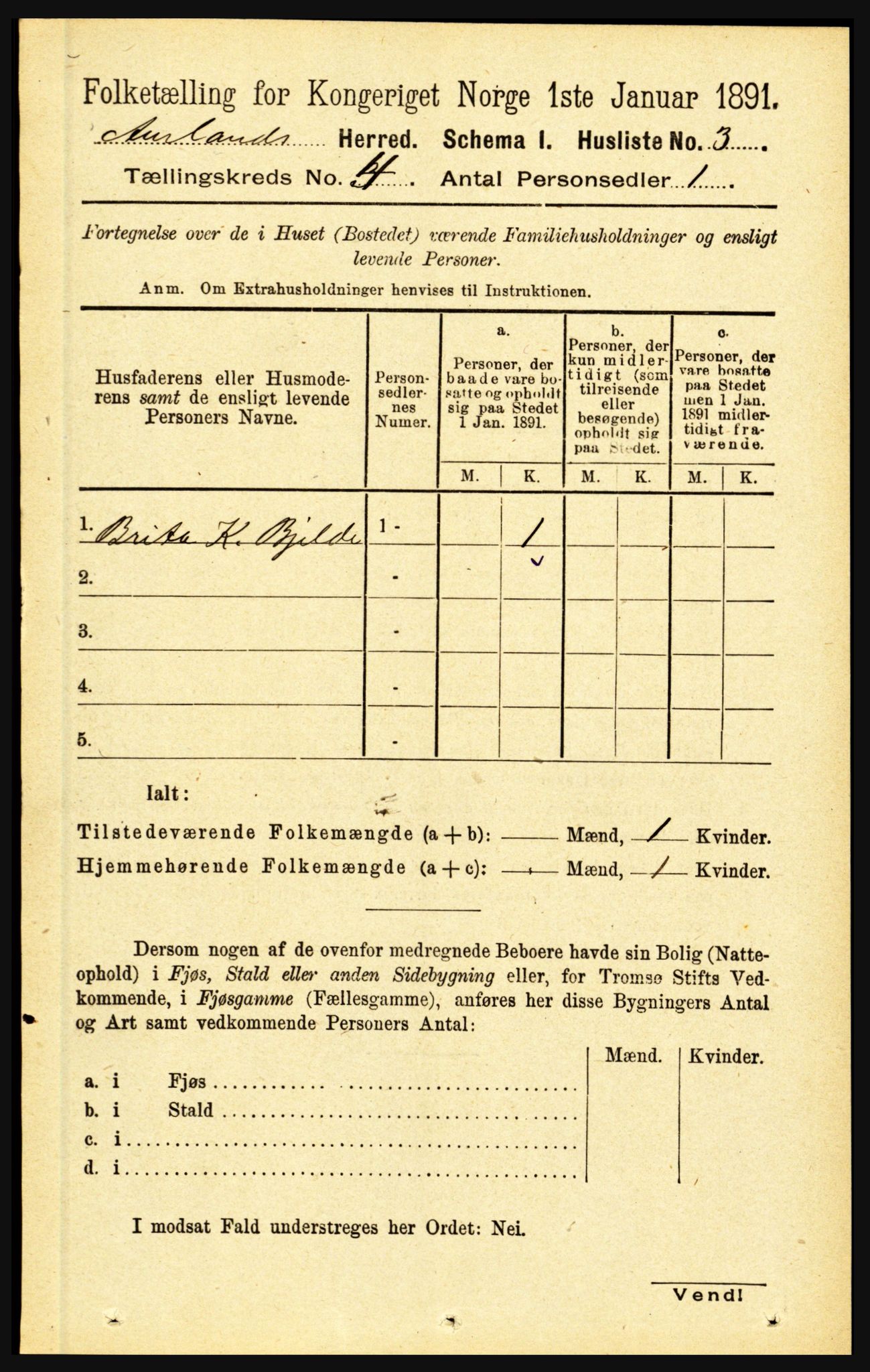 RA, 1891 census for 1421 Aurland, 1891, p. 1287