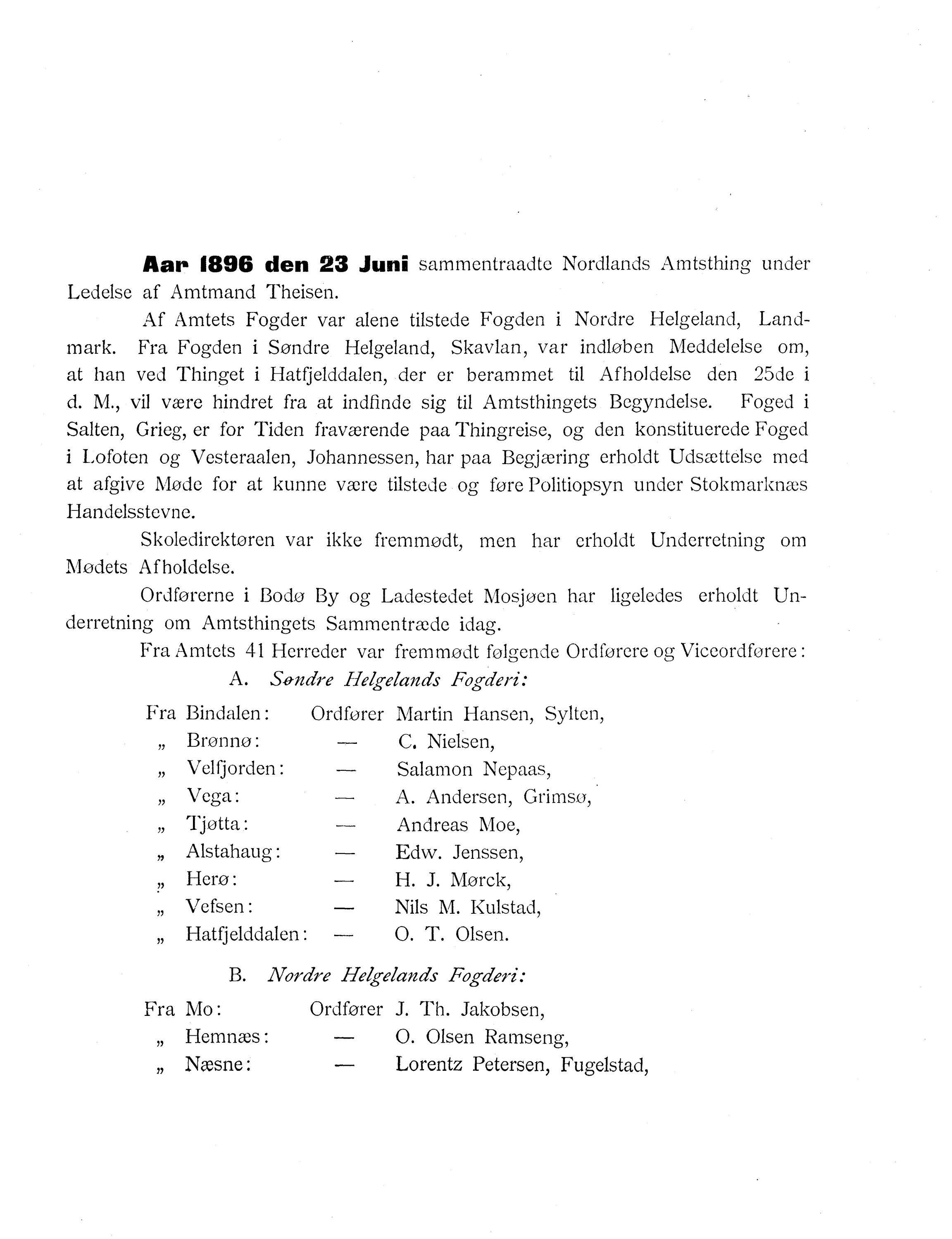 Nordland Fylkeskommune. Fylkestinget, AIN/NFK-17/176/A/Ac/L0019: Fylkestingsforhandlinger 1896, 1896