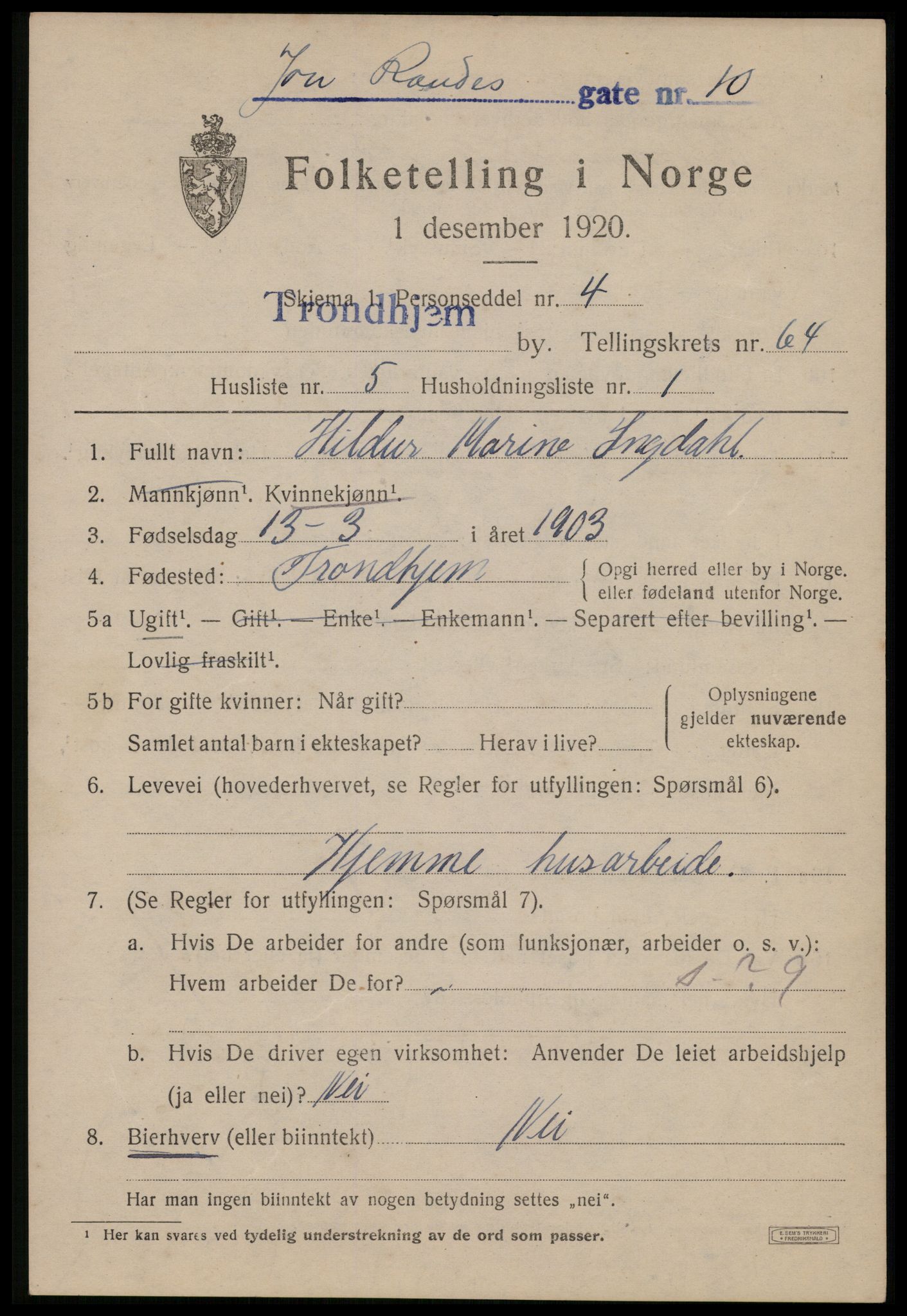 SAT, 1920 census for Trondheim, 1920, p. 127596