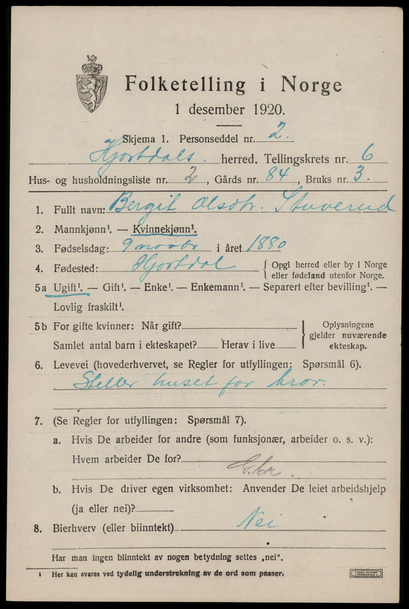 SAKO, 1920 census for Hjartdal, 1920, p. 4036