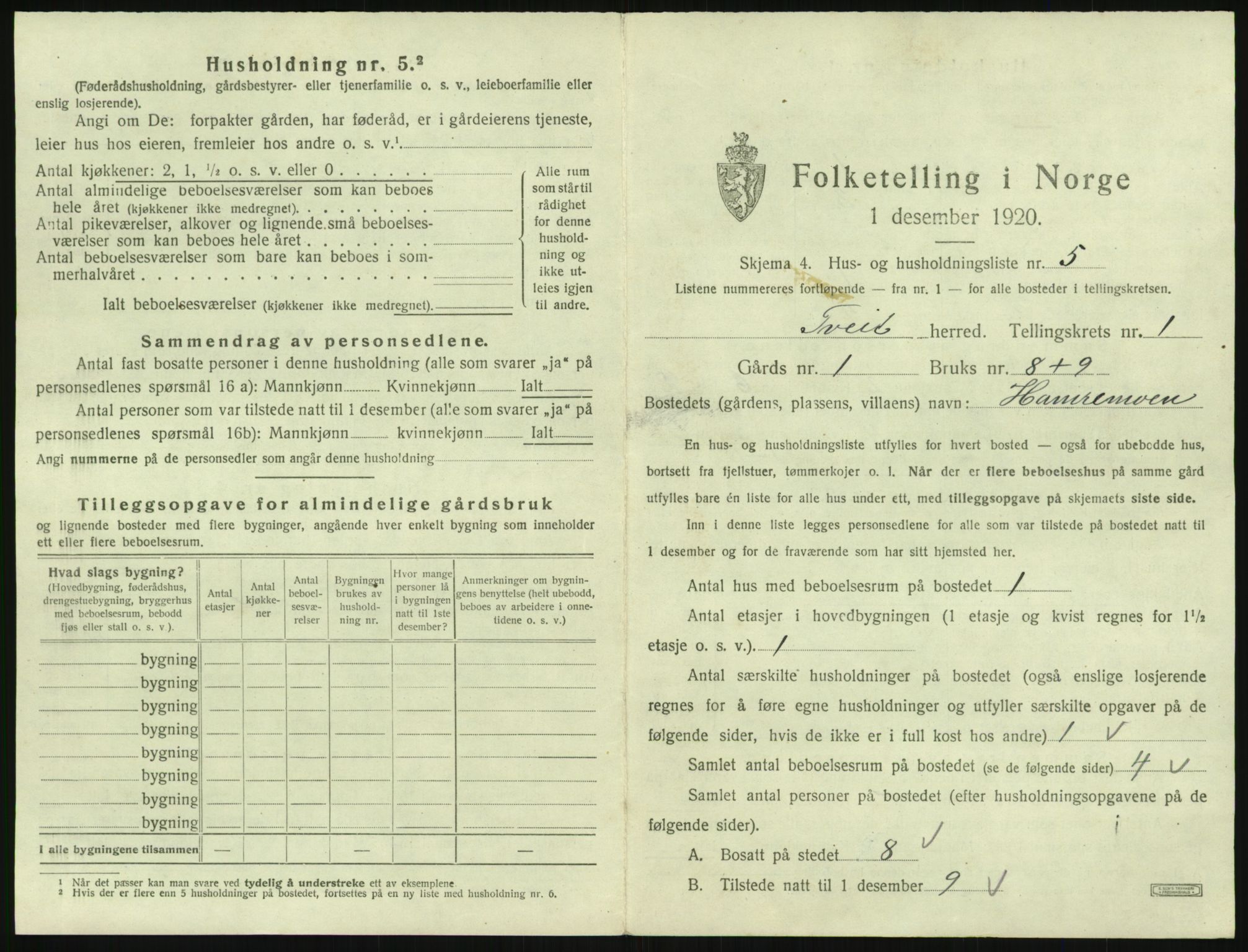 SAK, 1920 census for Tveit, 1920, p. 52