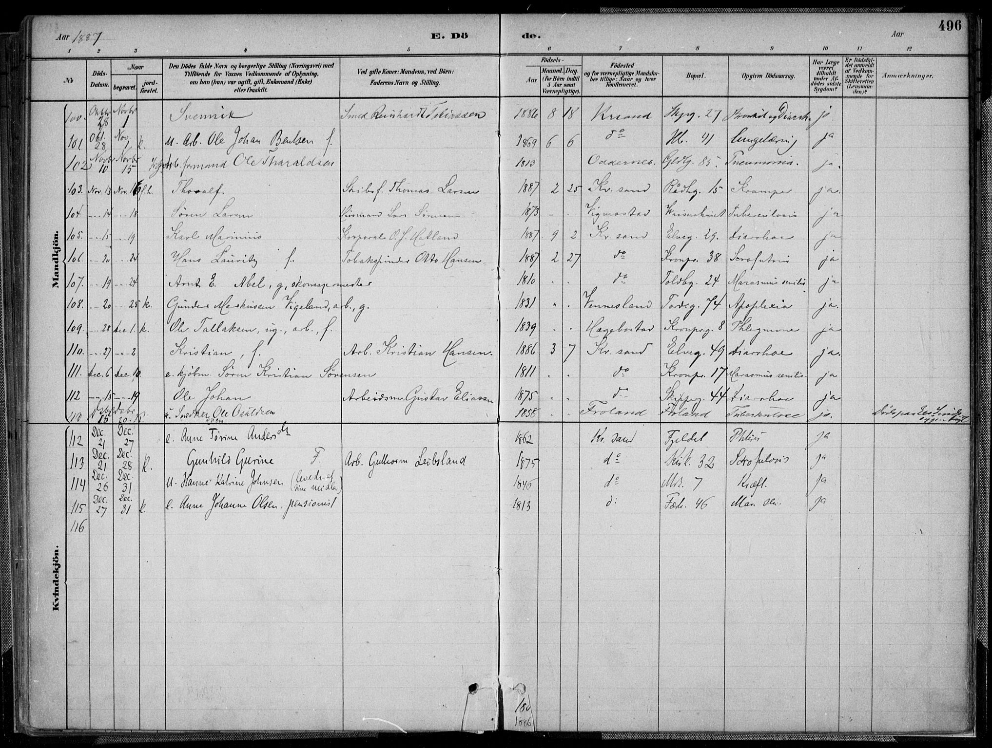 Kristiansand domprosti, AV/SAK-1112-0006/F/Fa/L0017: Parish register (official) no. A 16B, 1880-1890, p. 496