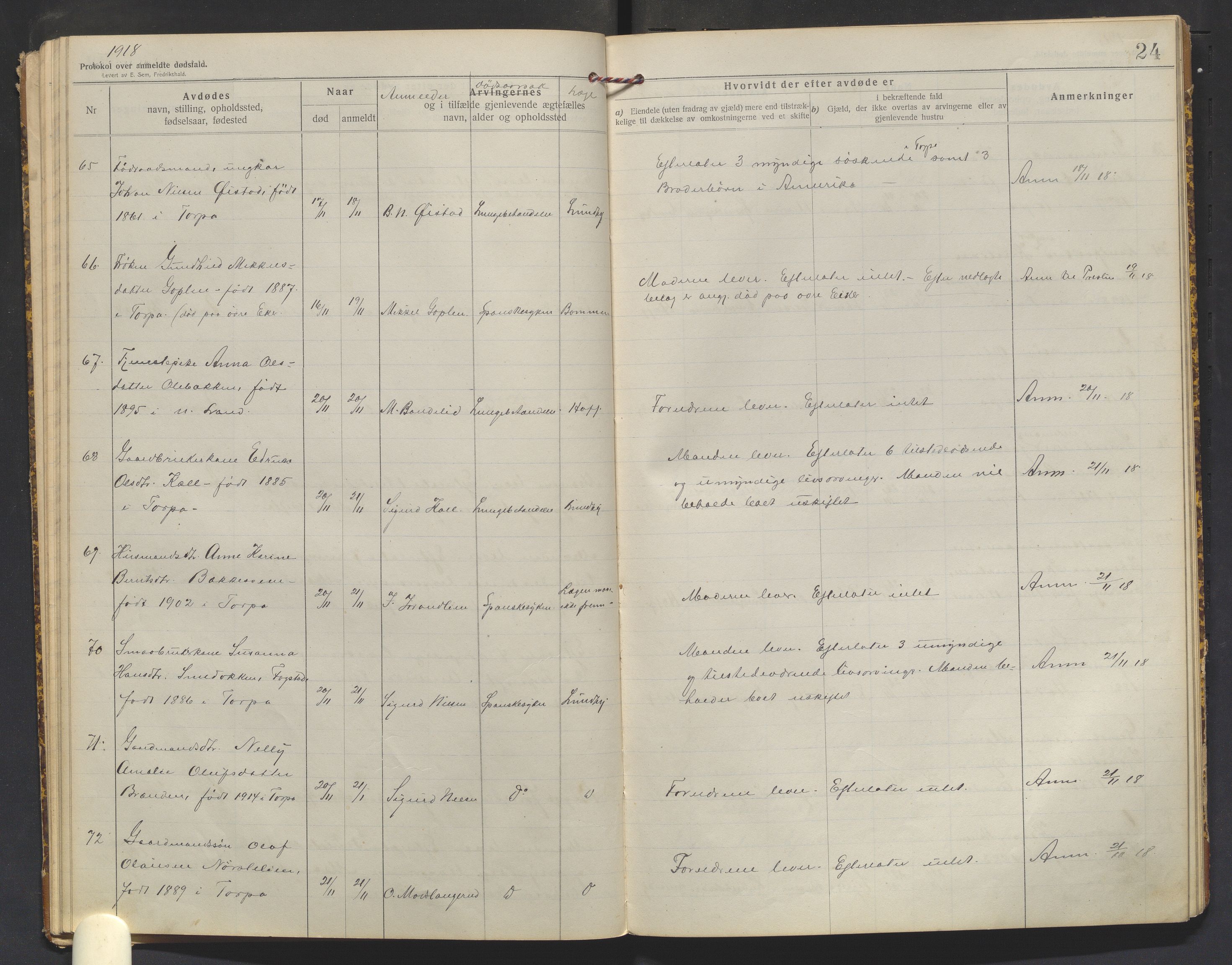 Nordre Land lensmannskontor, SAH/LON-013/H/Ha/Haa/L0001/0003: Dødsfallsprotokoller / Dødsfallsprotokoll, 1916-1921, p. 24