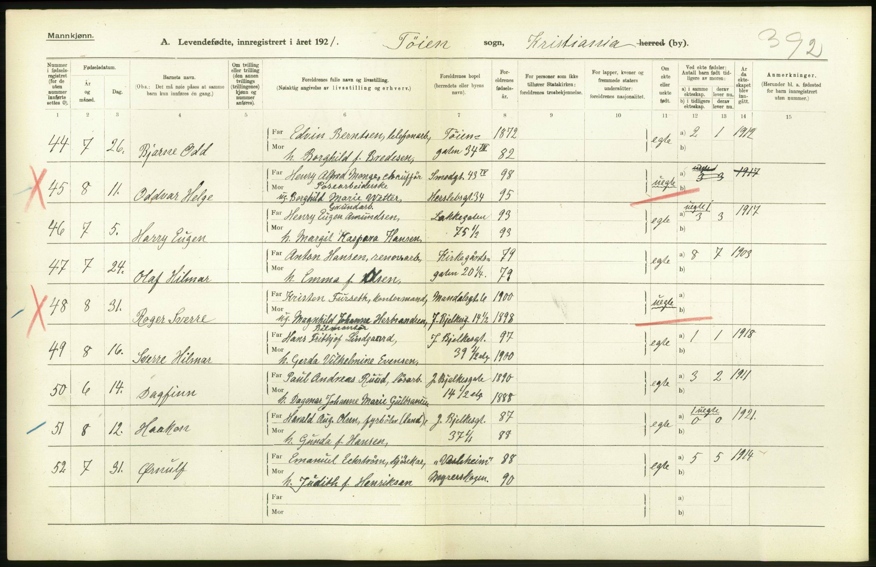 Statistisk sentralbyrå, Sosiodemografiske emner, Befolkning, RA/S-2228/D/Df/Dfc/Dfca/L0009: Kristiania: Levendefødte menn og kvinner., 1921, p. 288