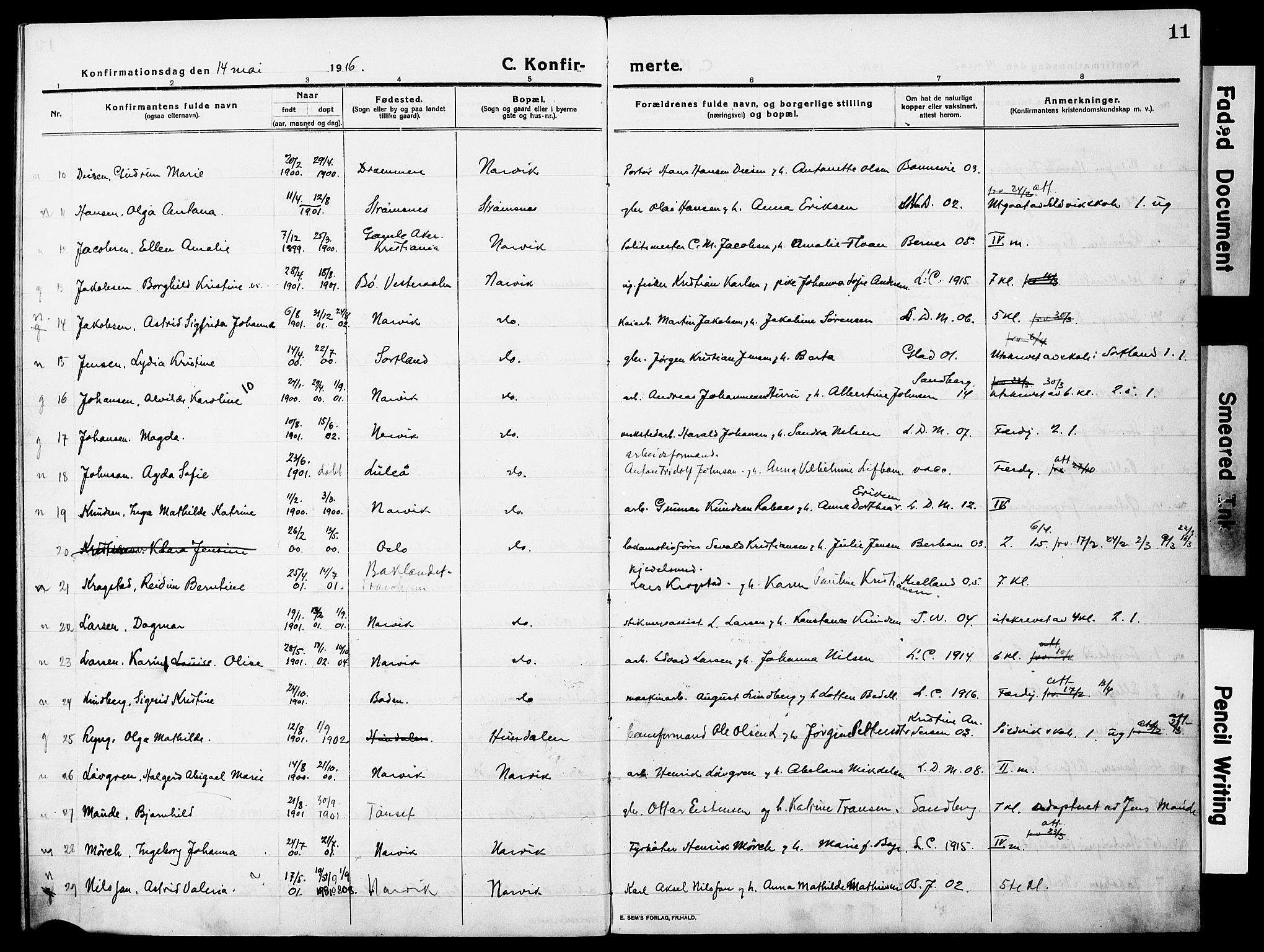 Ministerialprotokoller, klokkerbøker og fødselsregistre - Nordland, AV/SAT-A-1459/871/L0989: Parish register (official) no. 871A05, 1915-1922, p. 11