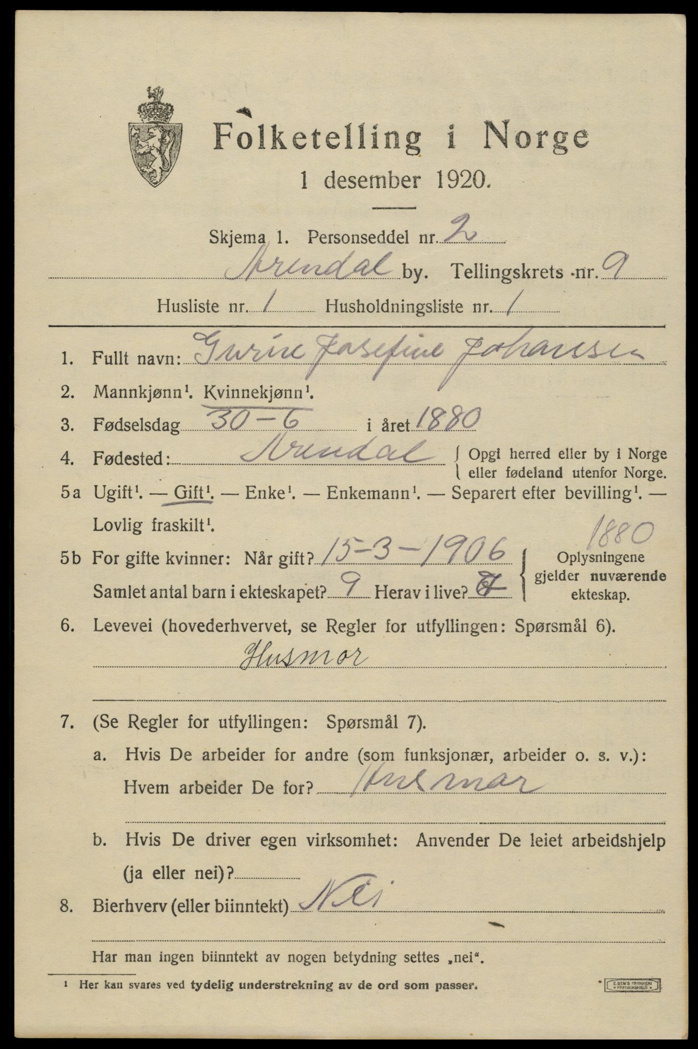 SAK, 1920 census for Arendal, 1920, p. 16100
