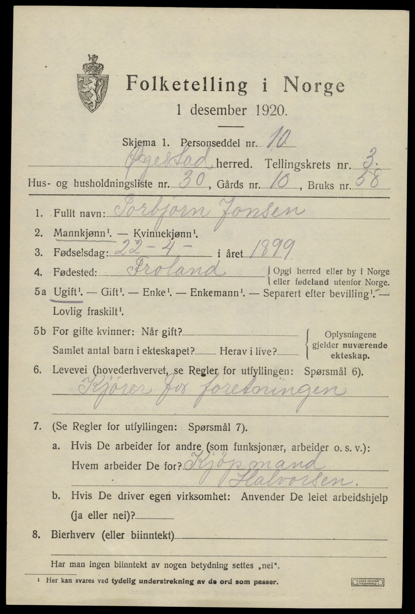 SAK, 1920 census for Øyestad, 1920, p. 3002