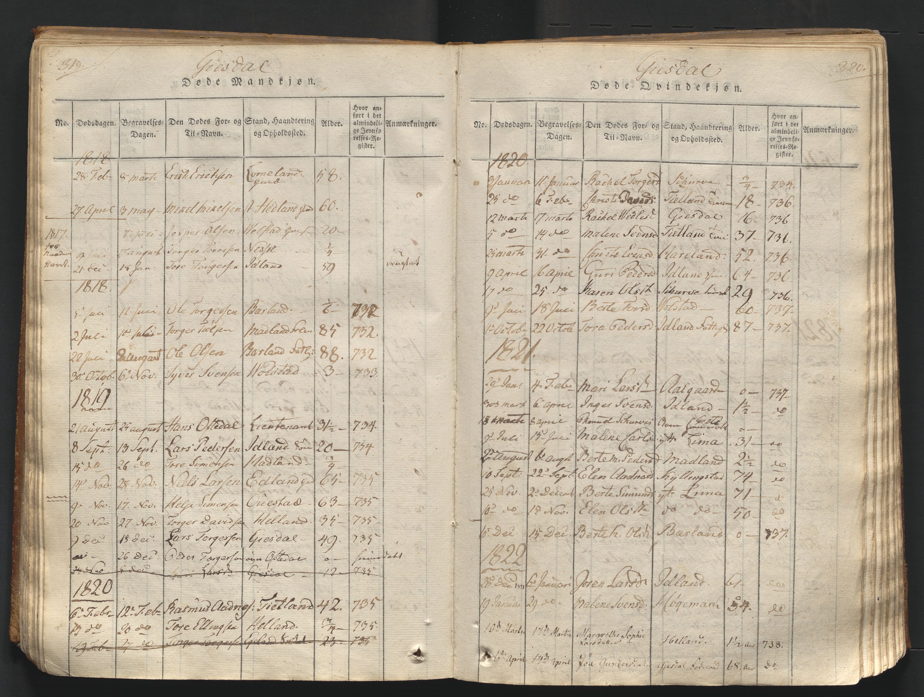 Lye sokneprestkontor, SAST/A-101794/001/30/30BA/L0003: Parish register (official) no. A 3 /2, 1816-1826, p. 319-320