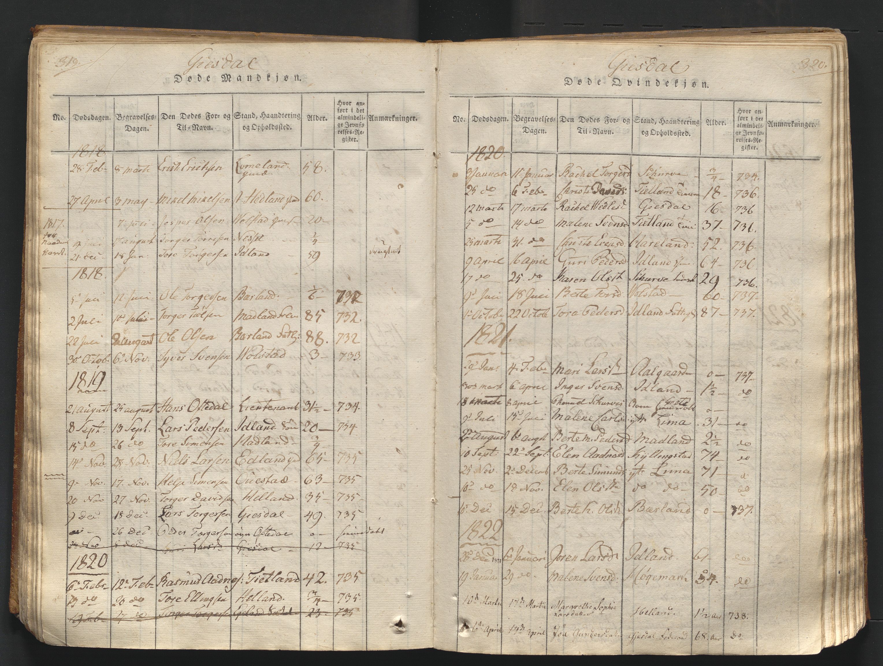 Lye sokneprestkontor, AV/SAST-A-101794/001/30/30BA/L0003: Parish register (official) no. A 3 /2, 1816-1826, p. 319-320