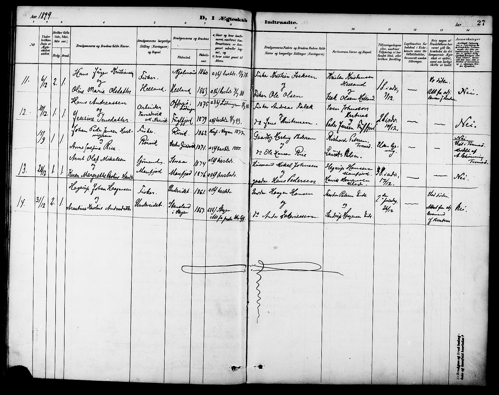 Ministerialprotokoller, klokkerbøker og fødselsregistre - Nordland, AV/SAT-A-1459/861/L0870: Parish register (official) no. 861A05, 1889-1903, p. 27