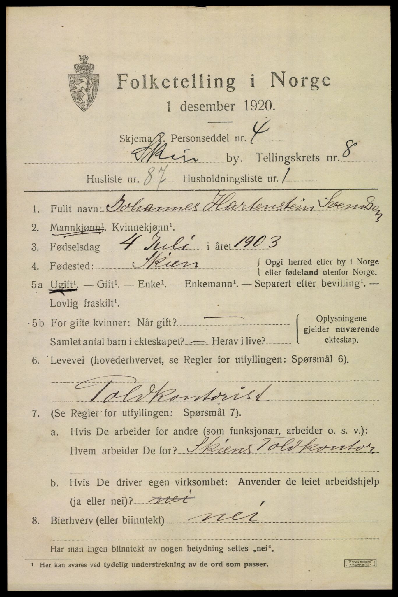 SAKO, 1920 census for Skien, 1920, p. 28600