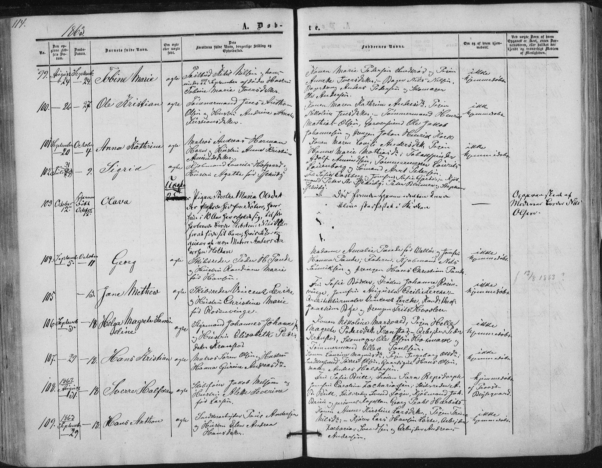 Tønsberg kirkebøker, AV/SAKO-A-330/F/Fa/L0008: Parish register (official) no. I 8, 1855-1864, p. 114